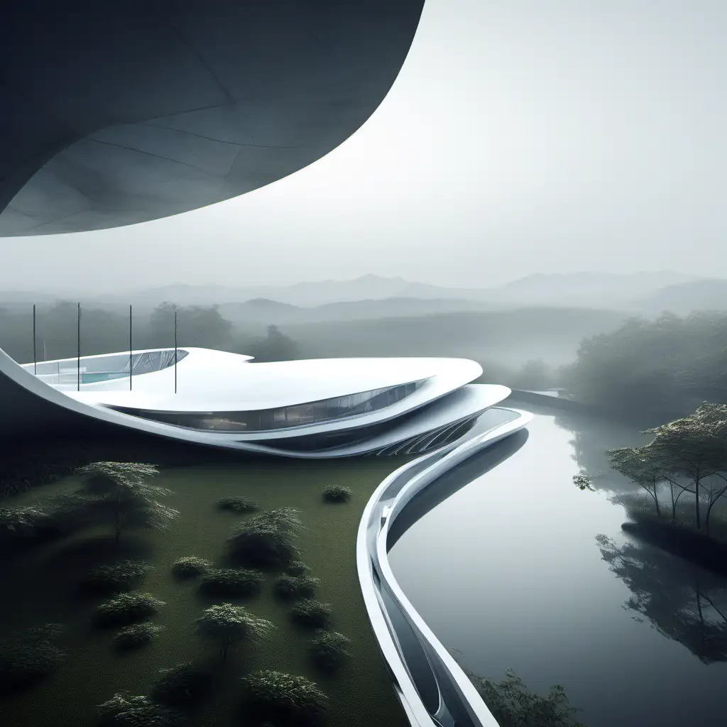 Zaha Hadid Inspired OneStory Living Building in a Foggy Island Setting