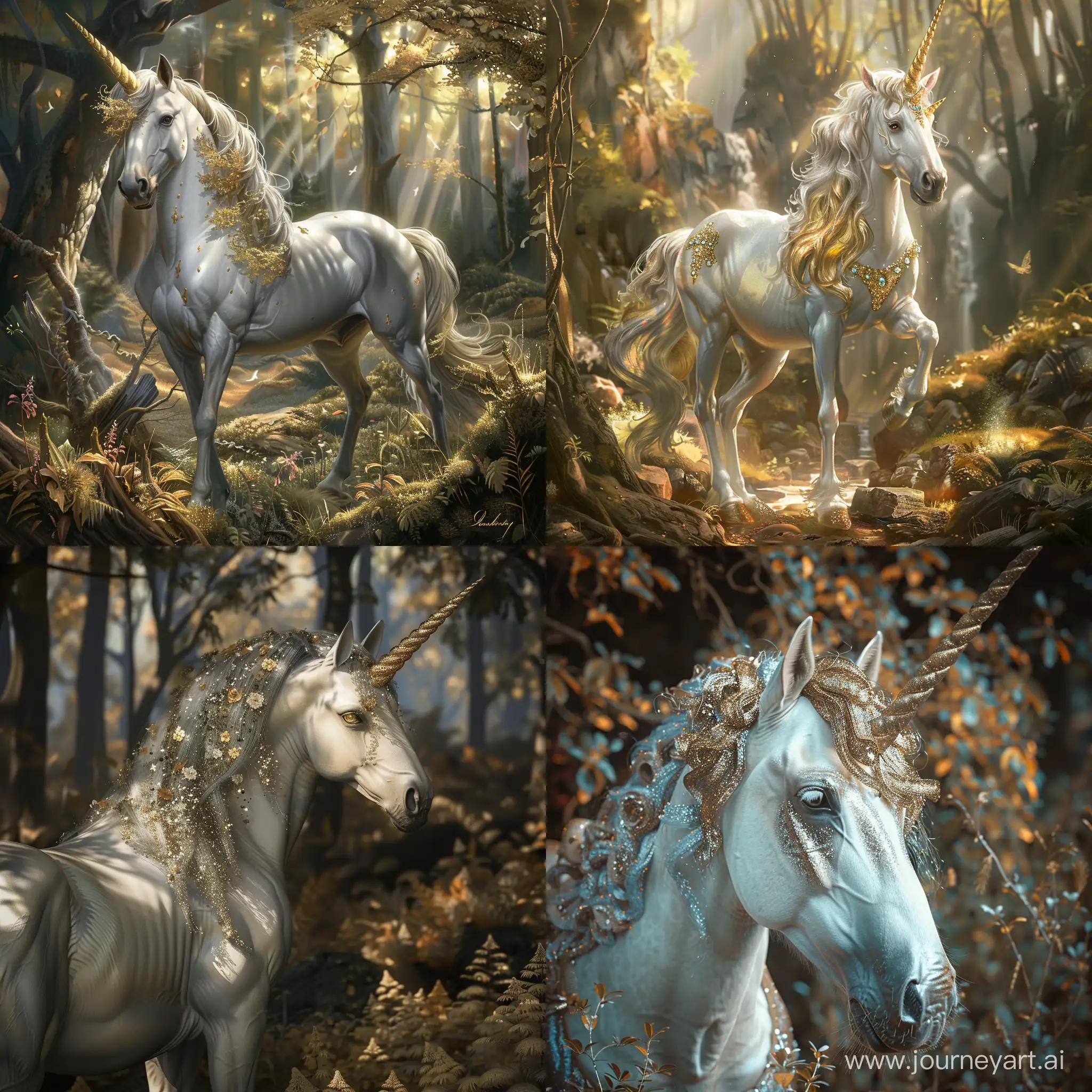 unicorn, regal, gold and silver mane, majestic, standing in a feywild forest