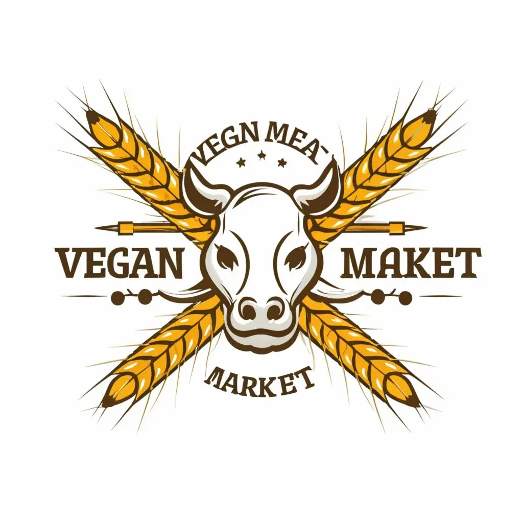 logo, happy cow skull on crossed wheat, with the text "VEGAN MEAT MARKET", typography