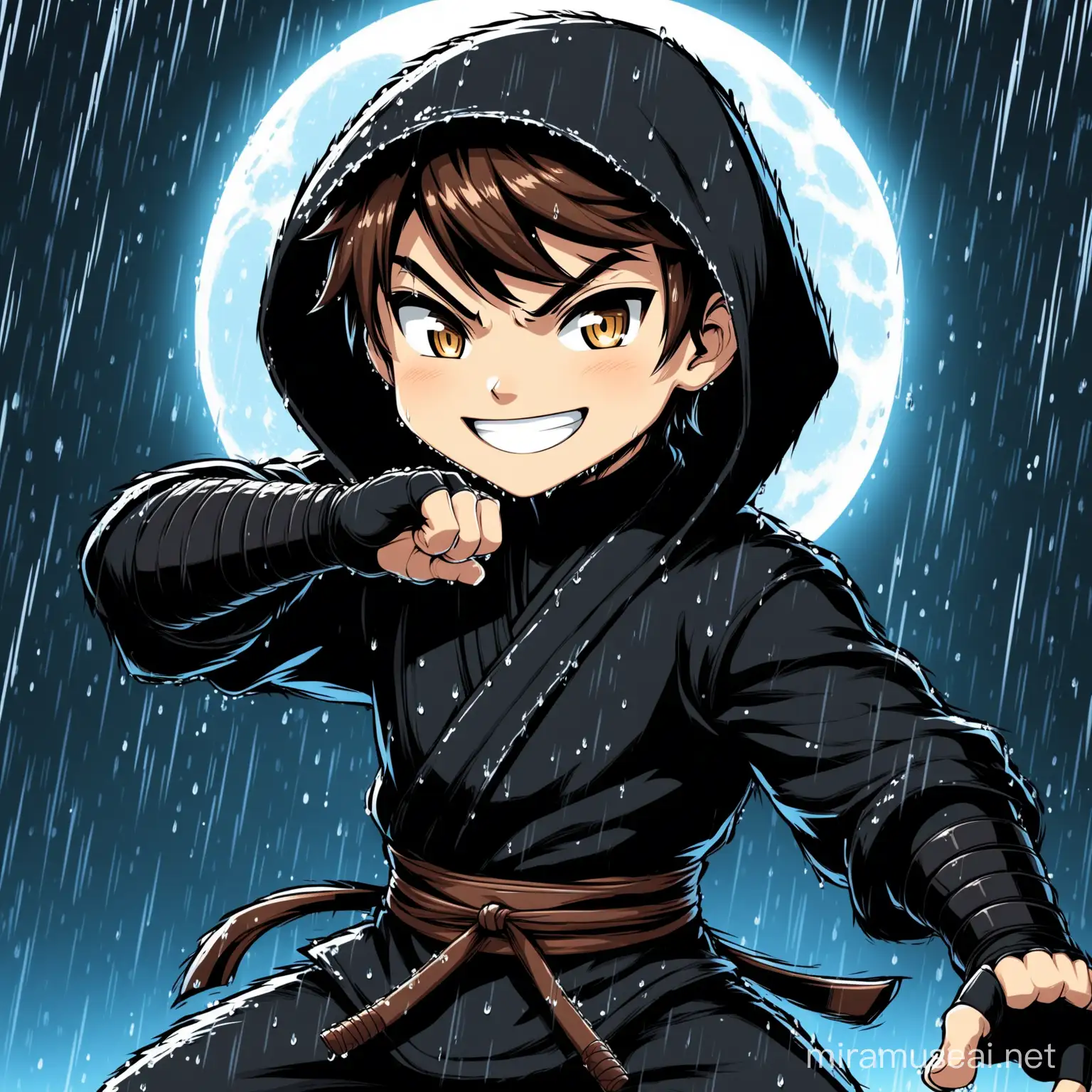 Cartoon ninja boy, Süßer Ninja in komplett schwarzem Outfit mit dunklen Hintergrund und Mondschein, etwas regen, Ninja WafHaltung , hohe Details, Comic Style, brown hair, smiling