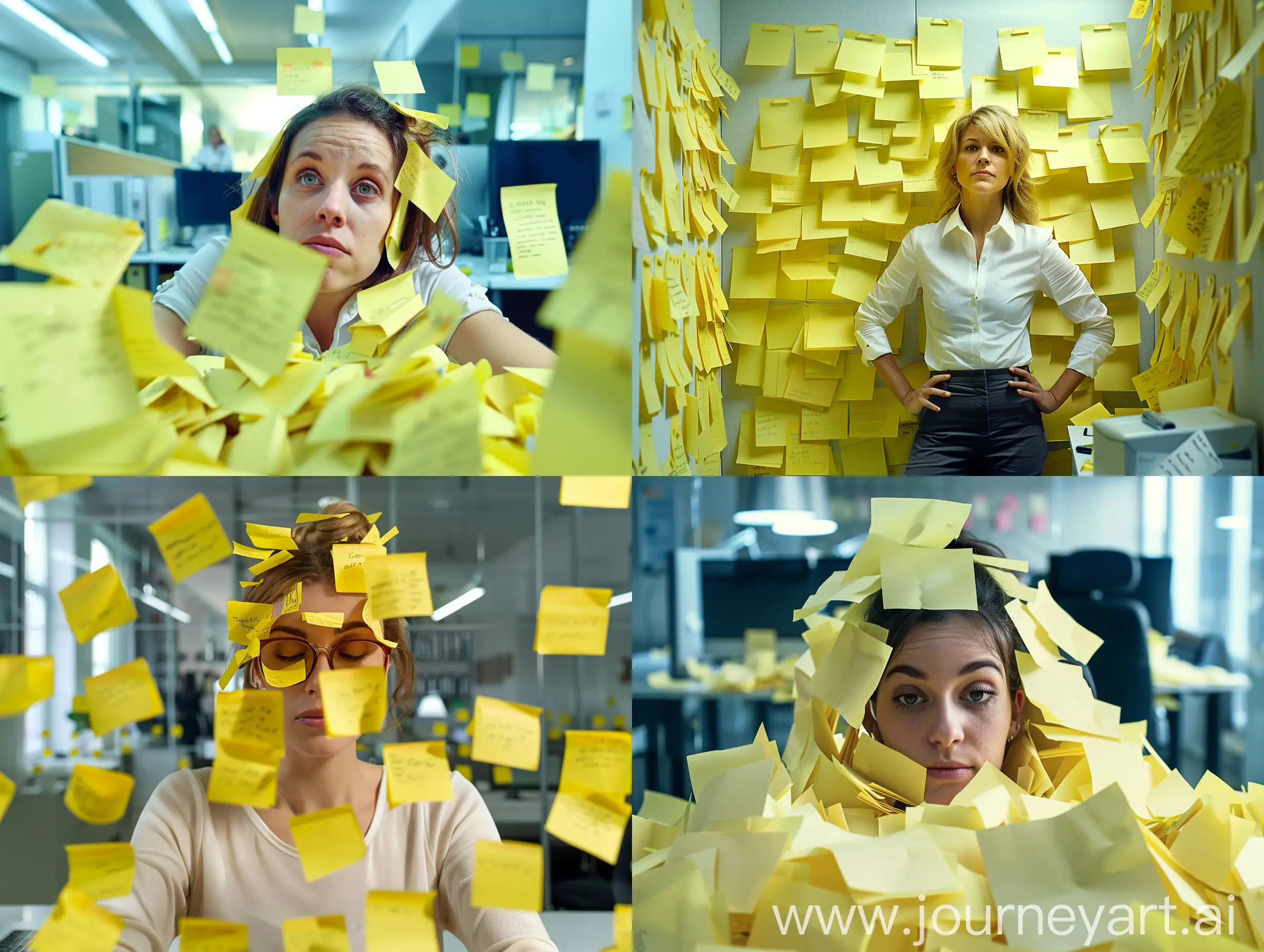 **A woman in an office where everything is glued with millions of yellow sticky notes