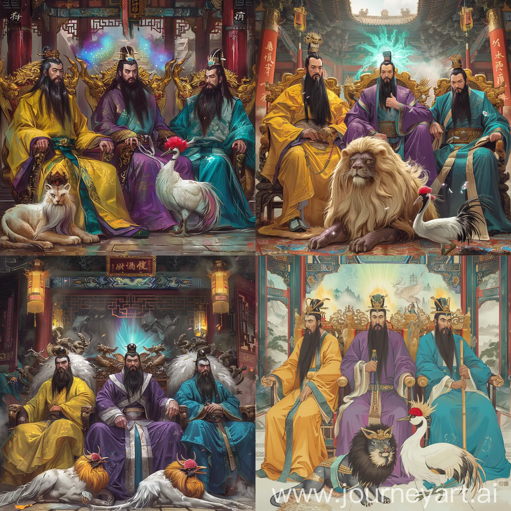 four Chinese Han dynasty Emperors with mid-long black beards and aurora behind head are sitting on their thrones,
the first left one in yellow clothes,
the second left one in purple clothes,
the third left one in turquoise clothes,
the fourth one at right side in deep blue clothes,

an azur color nine-headed lion, 
and a white body Red-crowned crane, these two animals are sitting before the four emperors,

they are all inside a splendid Chinese Palace,