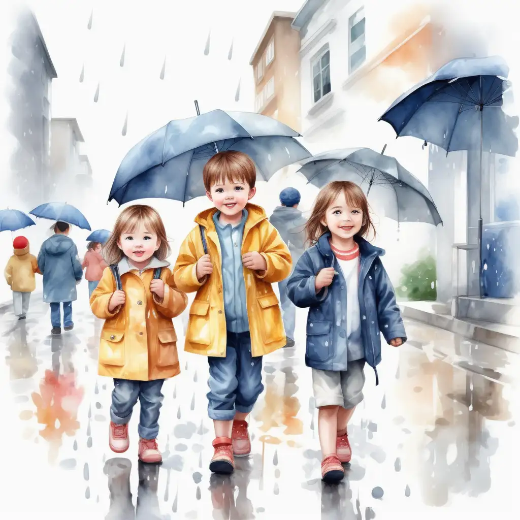 Bílé pozadí_Vytvoř realistickou ilustraci _ holky a kluci, věk dětí jsou 3 roky_ jdou po ulici, prší, mají deštníky
_ve stylu akvarel barev

