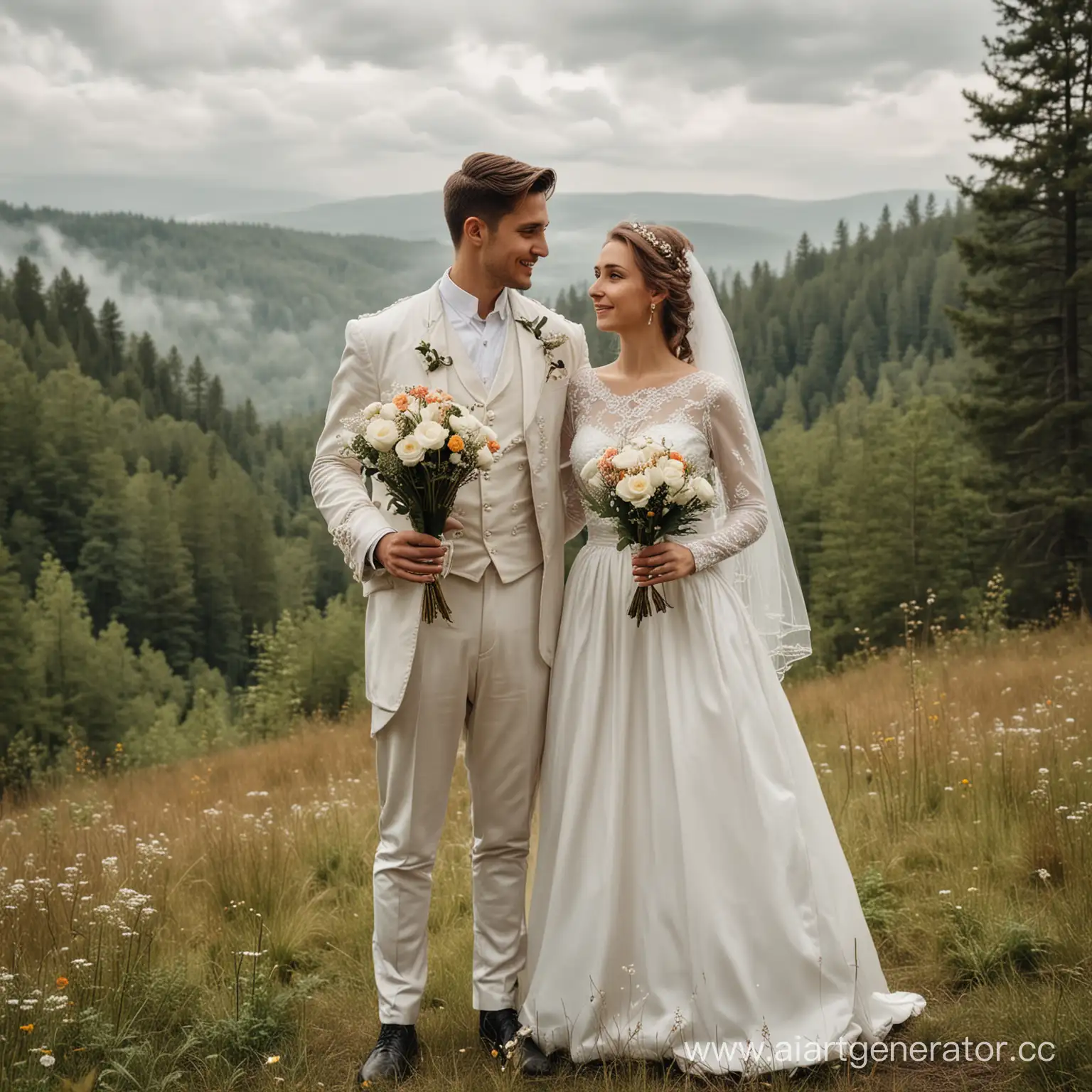 Romantic-Wedding-Couple-with-Flowers-in-Forest-Setting