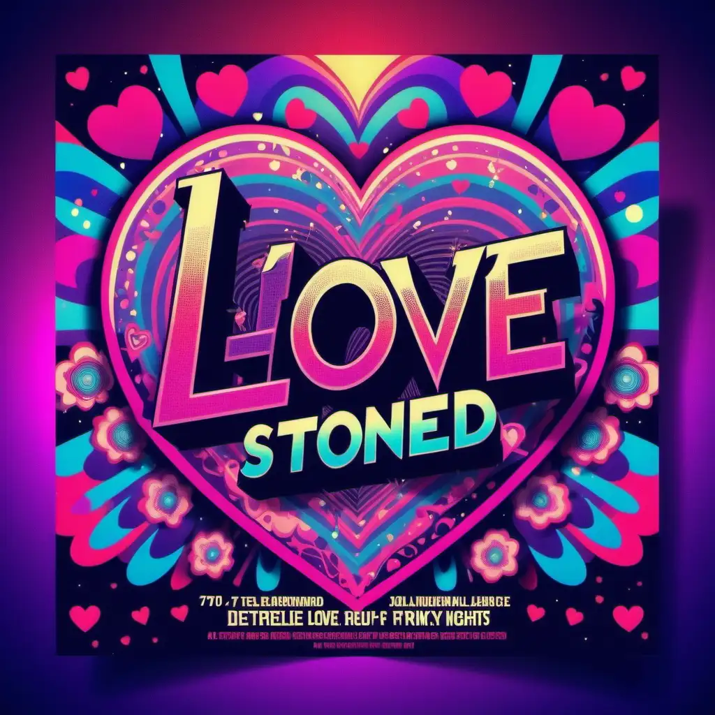 Create a psychedelic, retro club flyer promoting "Love Stoned" night. Use funky 70s style fonts in bright neon colors like pink, purple and blue. Feature a stylish couple embracing each other under a glowing heart surrounded by swirling colors and patterns. Incorporate elements like music notes, peace signs, flowers and abstract shapes. Add the text "Get Love Stoned every Friday night at Groovy Club". Use lens flares, diffraction patterns and kaleidoscopic effects to give it a trippy vibe. Make it eye-catching and electrifying! The overall flyer should have a psychedelic love theme with retro vibes perfect for a far out dance party.