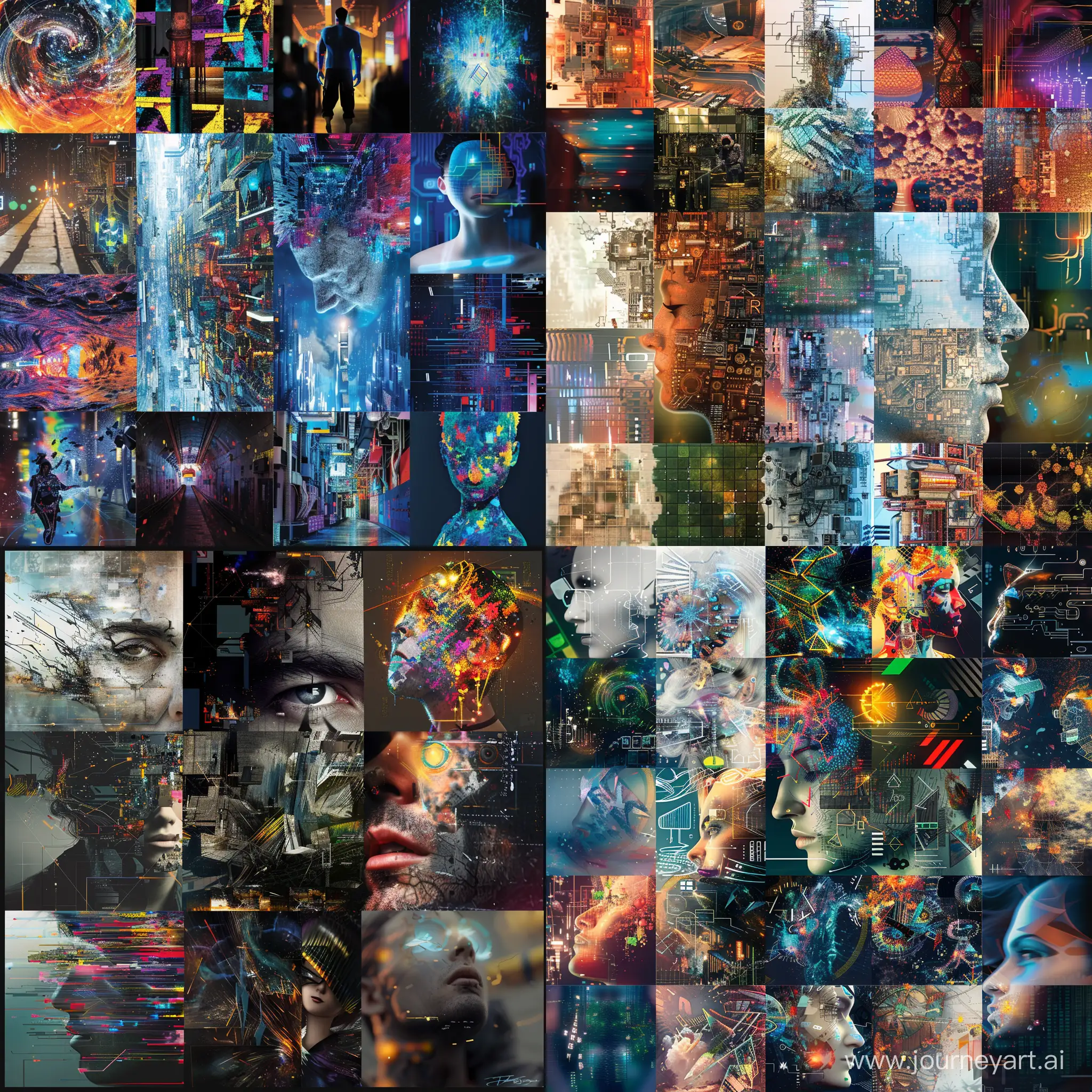 Create an image representing a variety of AI-generated art styles, inspired by numerous creative prompts, showcasing the broad scope of AI's artistic capability. The image should capture the essence of creativity unleashed by AI, featuring a collage of different art styles ranging from abstract to realistic, futuristic to traditional. This visual should convey the diversity and imaginative power of AI in the field of art, reflecting the creative journey and exploration of the author in AI art generation. --v 6 --ar 1:1 --no 6773