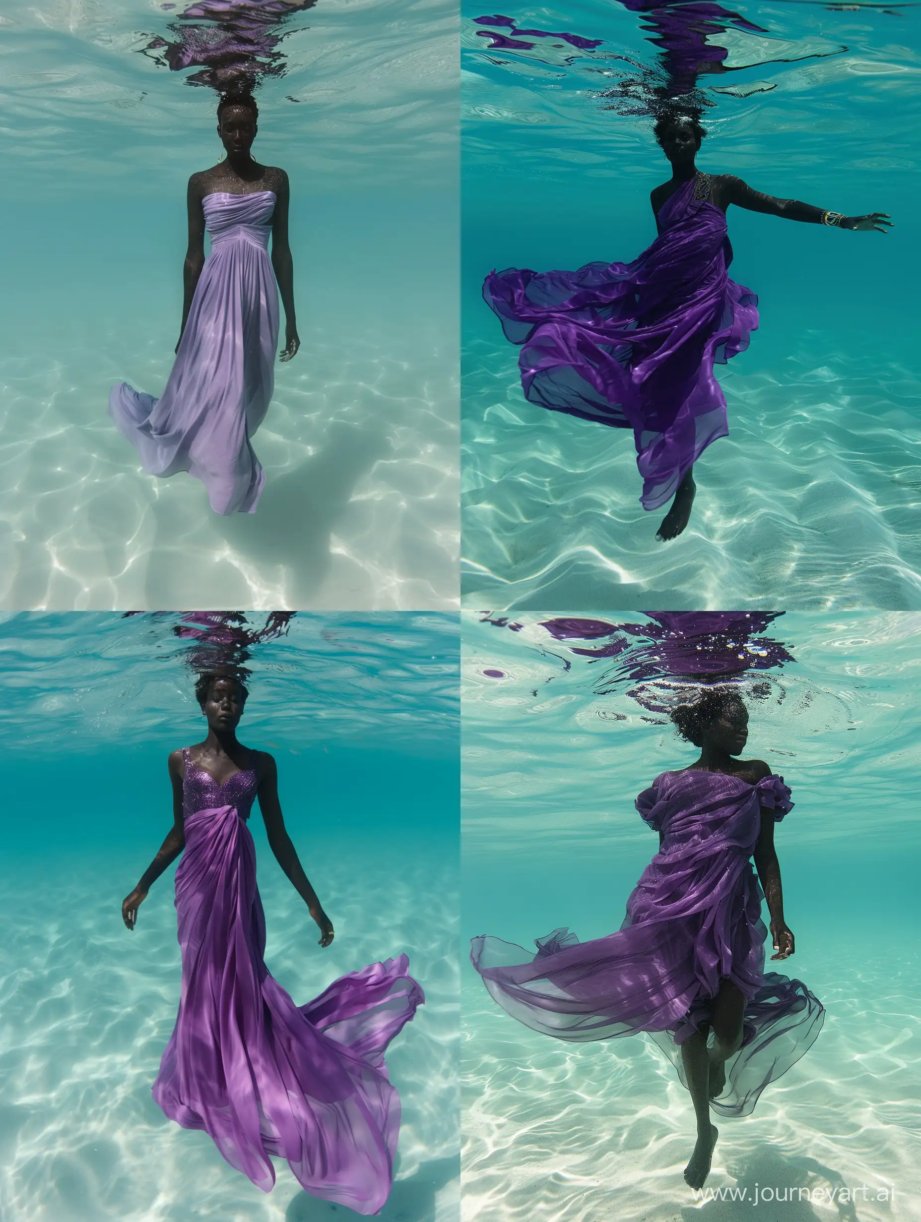 African Woman dressed in a purple draped dress floating under the clear ocean, 