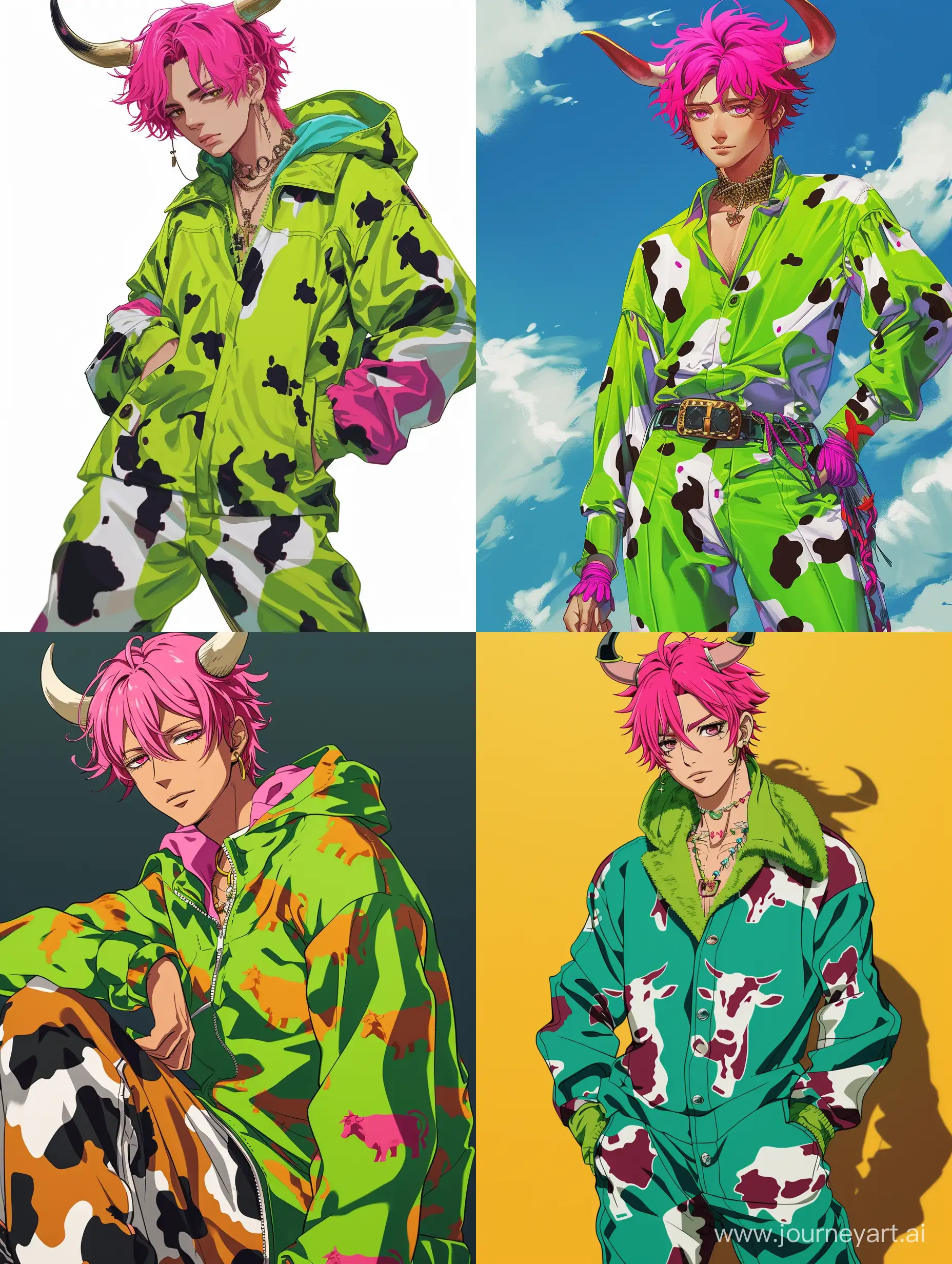 anime guy, bright colors, green, cow horns, cow print on clothes, pink hair, full length