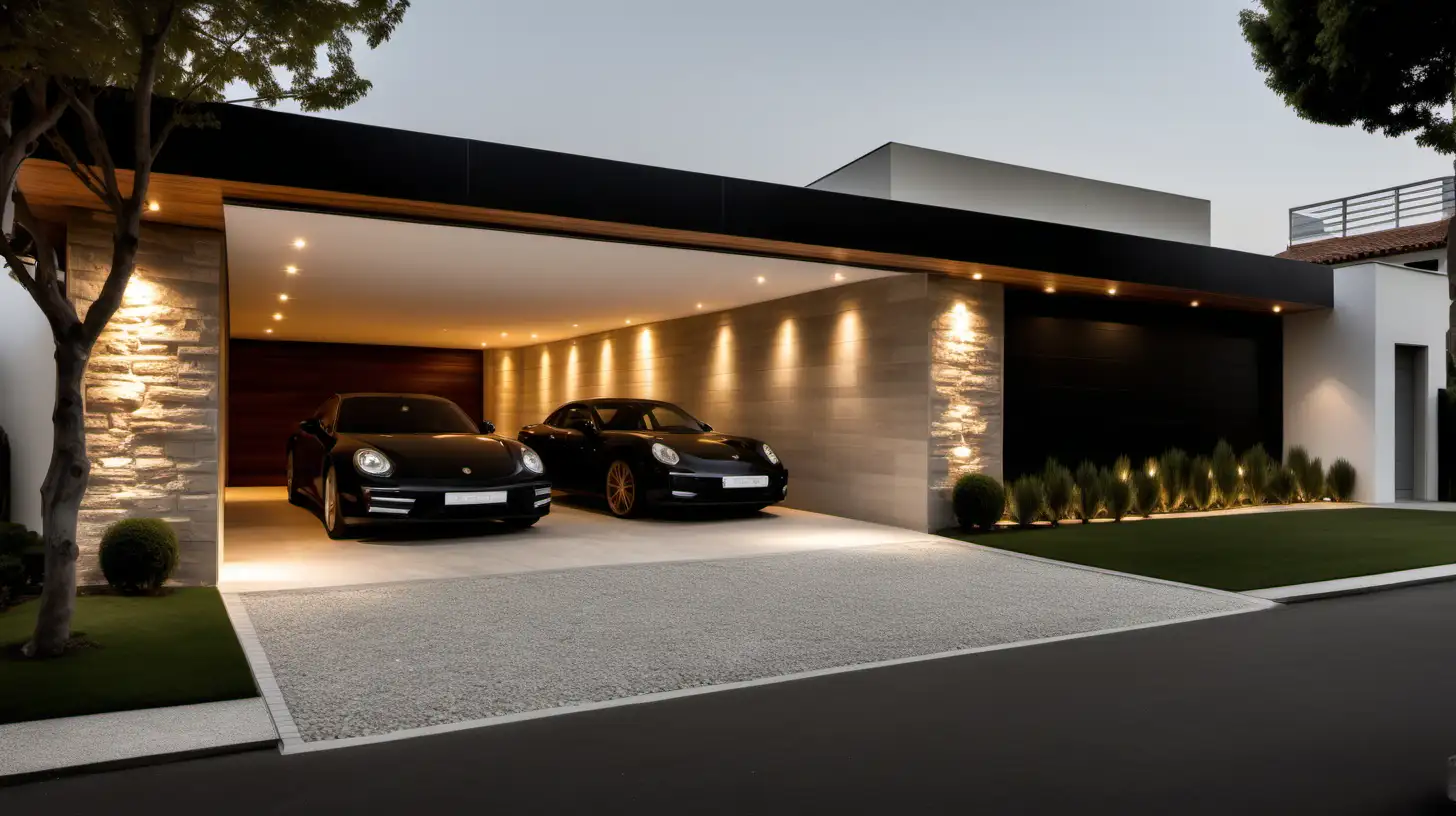 a classic contemporary large home Minimalist garage; beige walls; black accents; limestone; blonde oak; brass lighting; sprawling gardens
