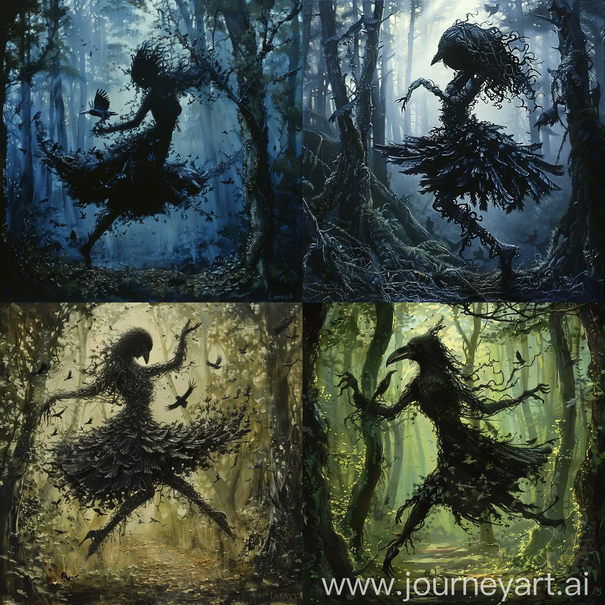 Enchanting-Raven-Maiden-Dance-in-Intricate-Forest-Painting