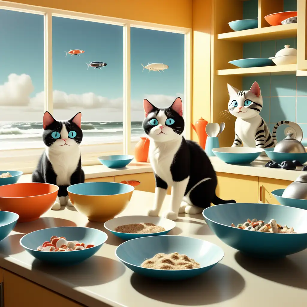 space age looking cats are playing in a kitchen among the utensils and bowls and plates. There is a window open in the kitchen and it looks out on a beach, where families are playing and where surfers are enjoying the waves. The image is happy and bright and retro-looking with the space age cat theme.