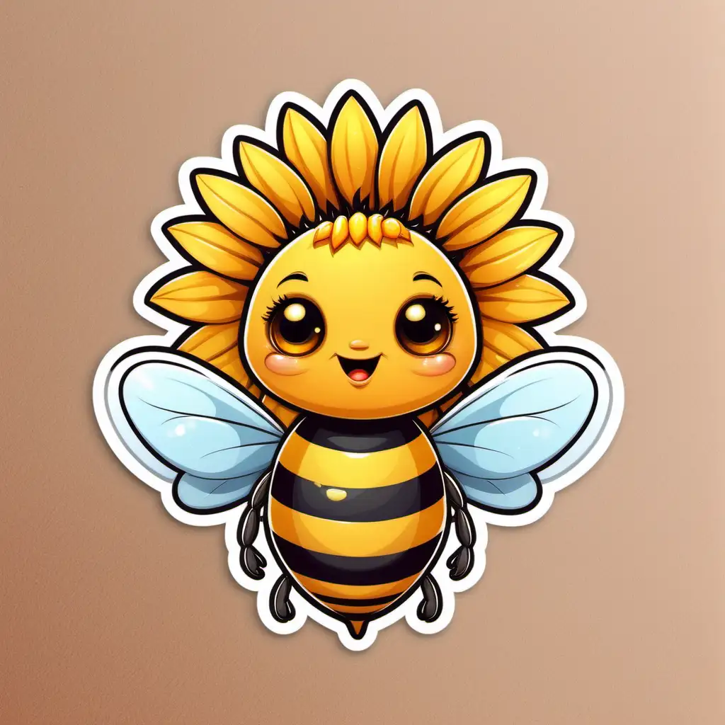 illustration, CUTE FUNNY CARTOON   BABY bee with SUNFLOWERS STICKER,