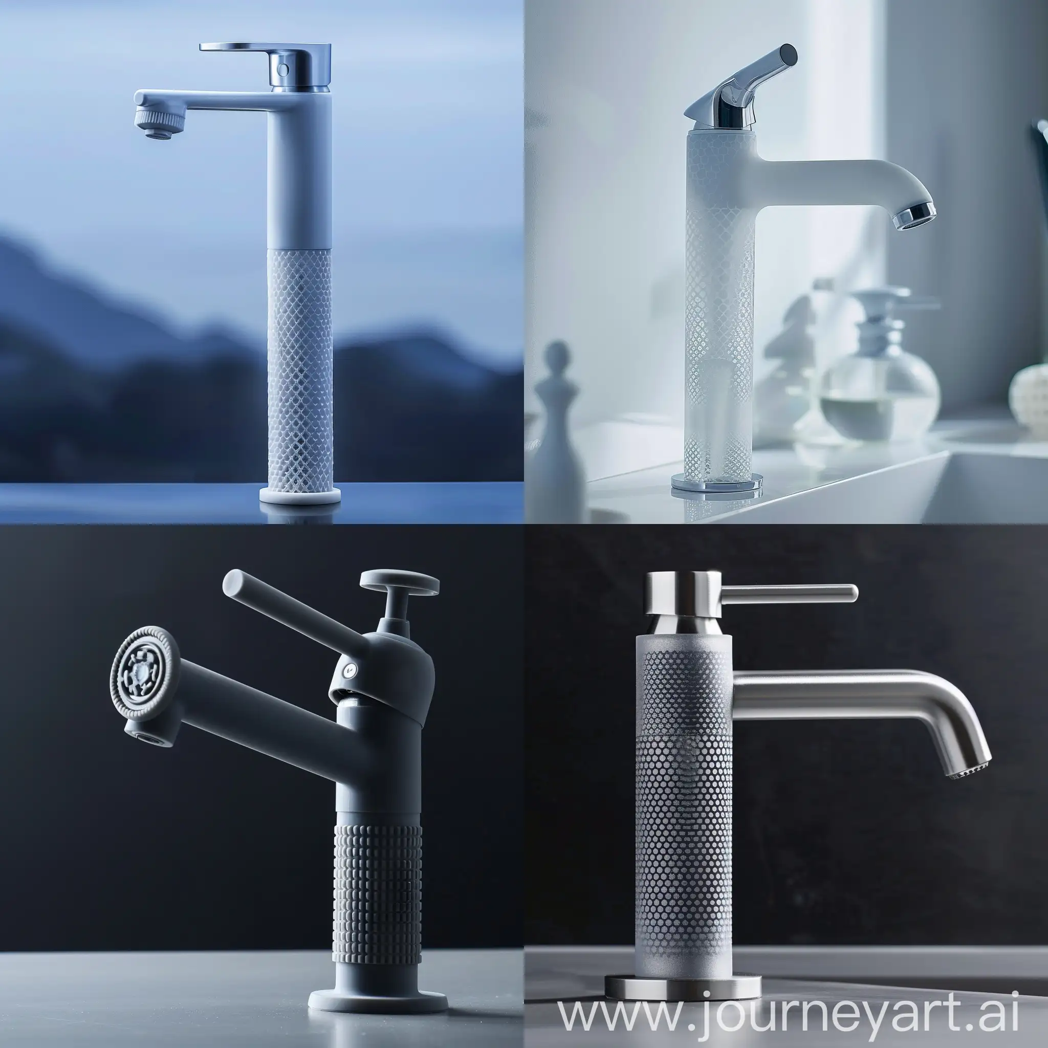 An innovative faucet, with a frosted surface treatment and a rotating water control valve as large as Chinese chess. The surface treatment has special patterns to increase the touch power. The handle connecting the rotating head is short and cute, and the overall faucet is treated with a guide angle, making it feel comfortable, approachable, minimalist, advertising photography, and studio lighting
