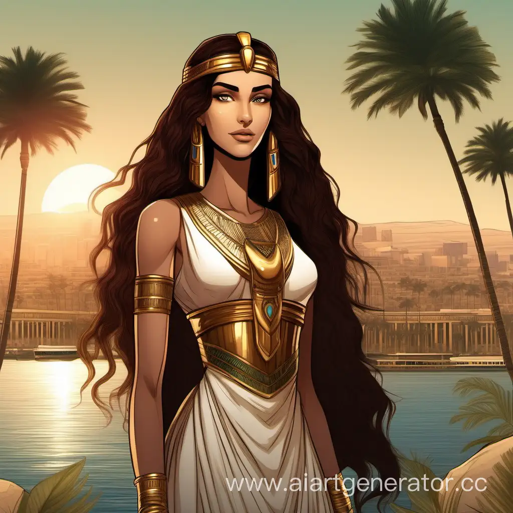 Красивая, высокая девушка шатенка с длинными волосами и карими глазами, дочь фараона. Сзади нее вид на реку Нил и пальмы, рядом с ней стоит красивый, высокий и сильный и богатый мужчина