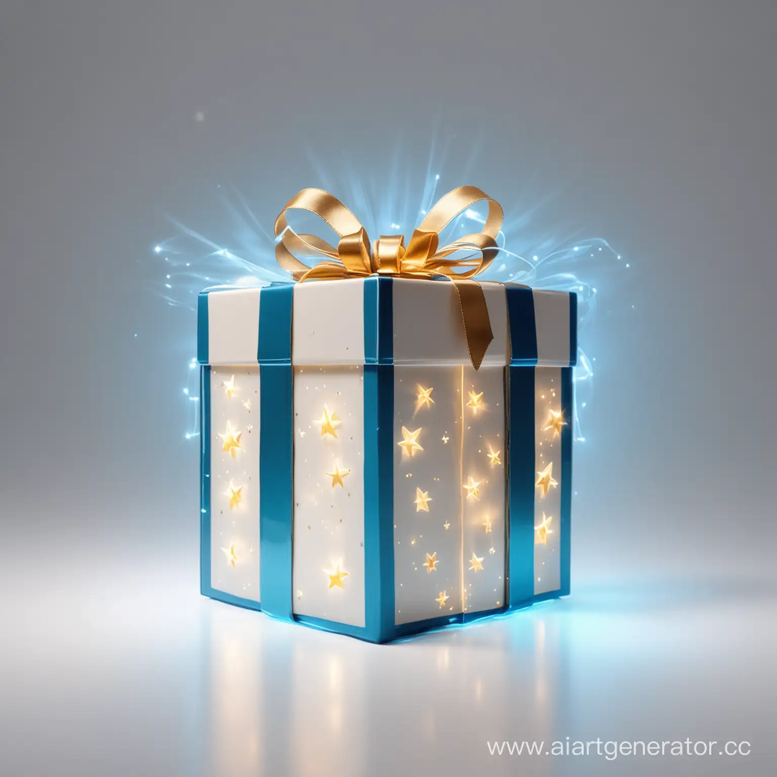волшебная подарочная коробка светится синим светом на белом фоне