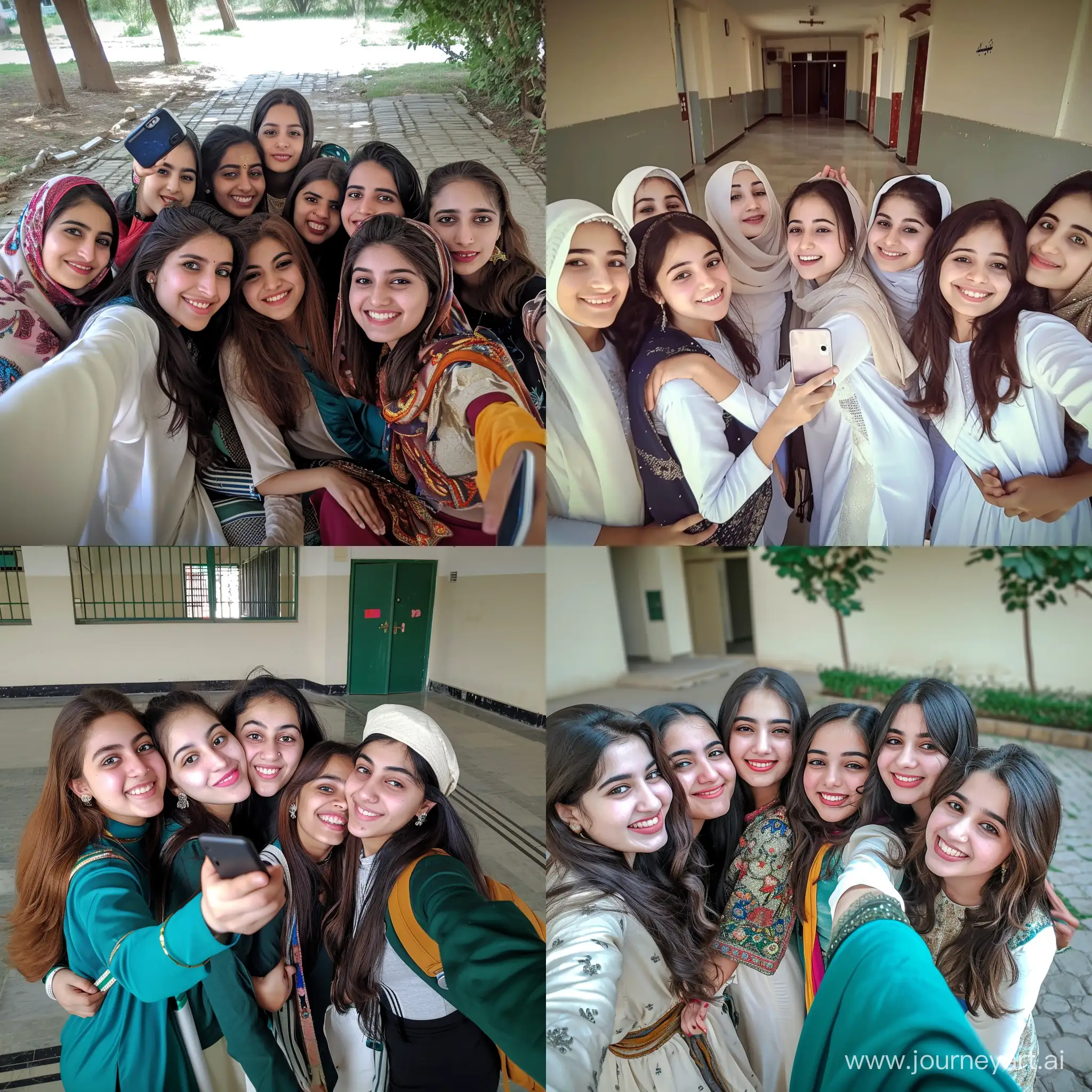 Beautiful Pakistani girl's group taking selfie in university 