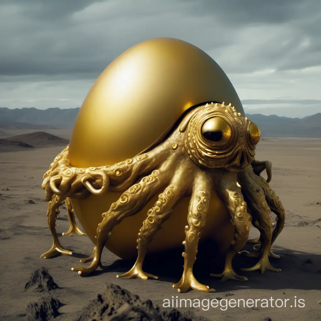 a creature that looks like a big golden egg with tentacles on a caterpillar tread