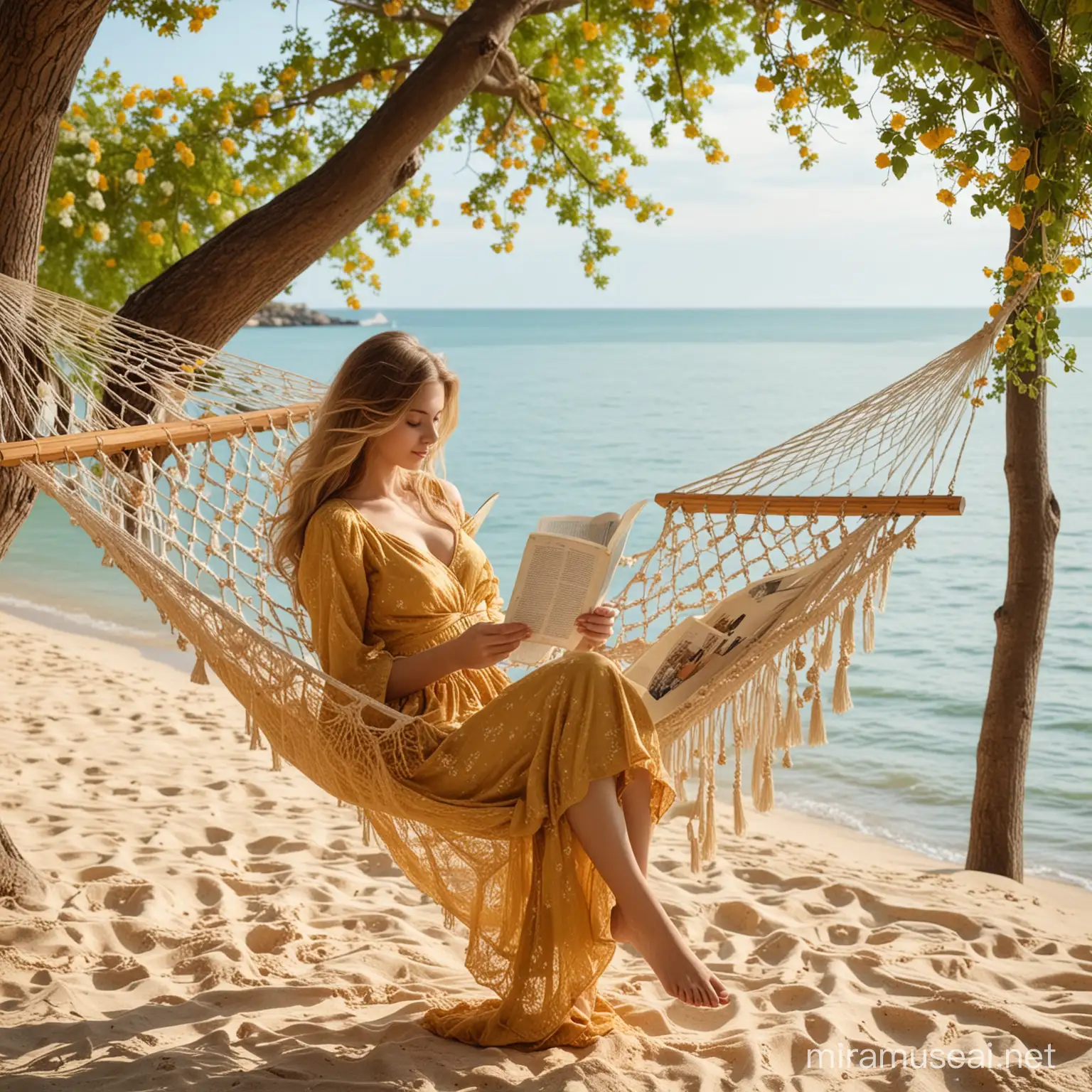 На красивом берегу моря на дереве висит гамак. В гамаке лежит красивая девушка в красивом золотистом длинном платье с роскошными волосами и читает книгу. Вокруг цветы. 