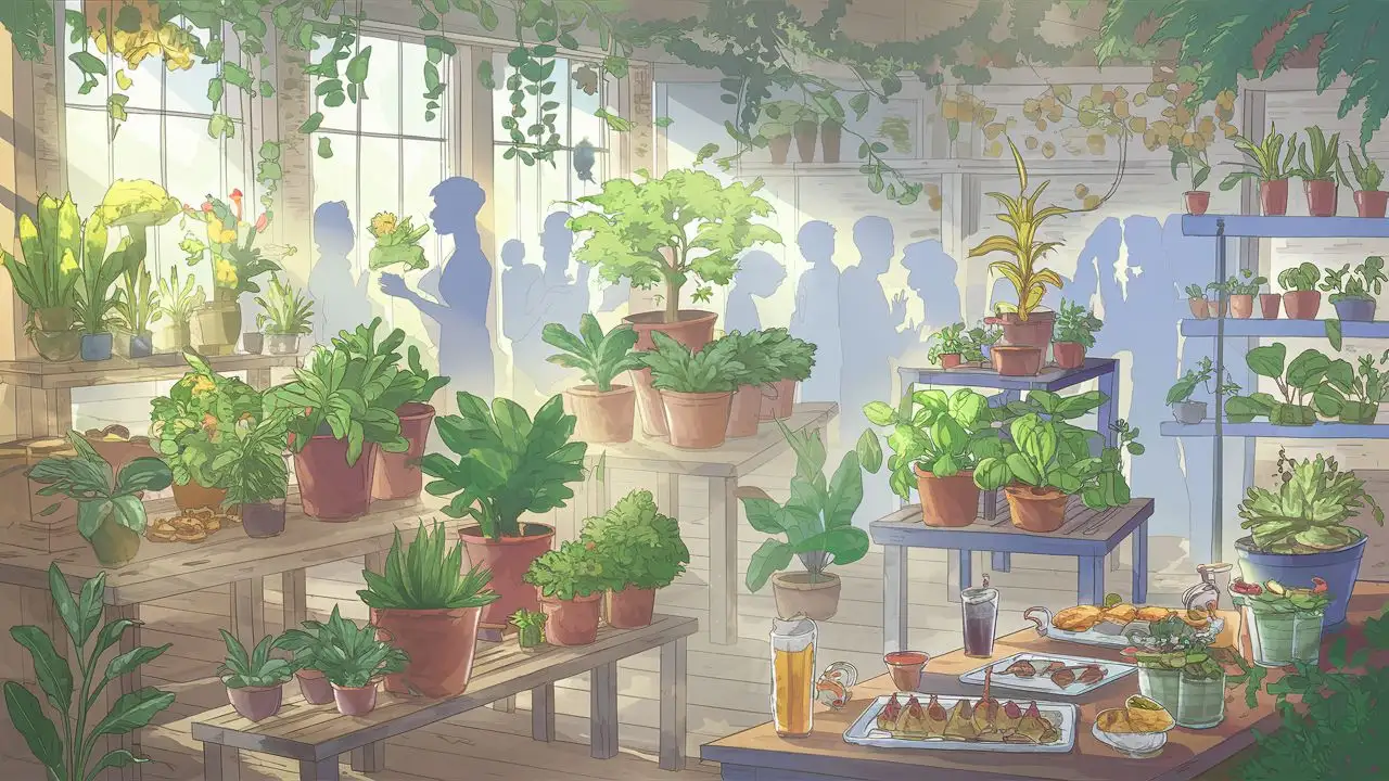 The image portrays a cozy indoor garden scene, with an assortment of potted plants arranged neatly on wooden tables and shelves. Soft sunlight filters through the windows, gently illuminating the verdant foliage. Silhouettes of people can be seen mingling among the plants, their outlines adding a sense of activity and community to the scene. The figures are not too detailed, maintaining a simple and stylized appearance. In the background, a table is laden with trays of delectable treats and beverages, inviting attendees to enjoy some refreshments while they explore the botanical wonders on display. Overall, the image captures the essence of the Plant Swap Extravaganza—a harmonious blend of nature, camaraderie, and indulgence.
