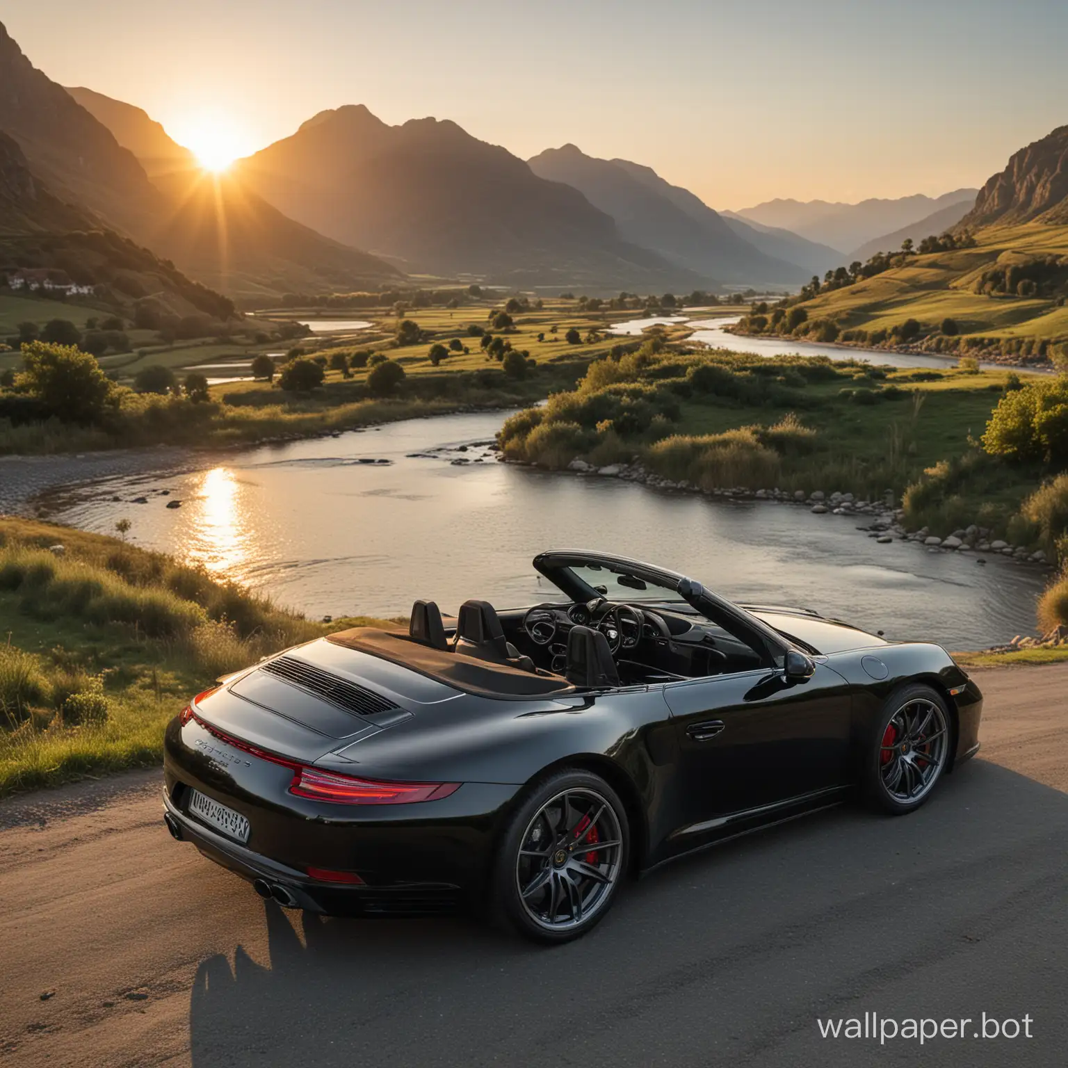 A black Porsche 911 carrera cabriolet parked in front of a view over a valley with a river while the sun is setting