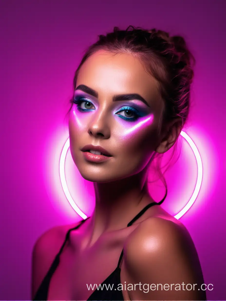 Flirt Woman portrait with makeup professional studio photo with neon light background 3/4
