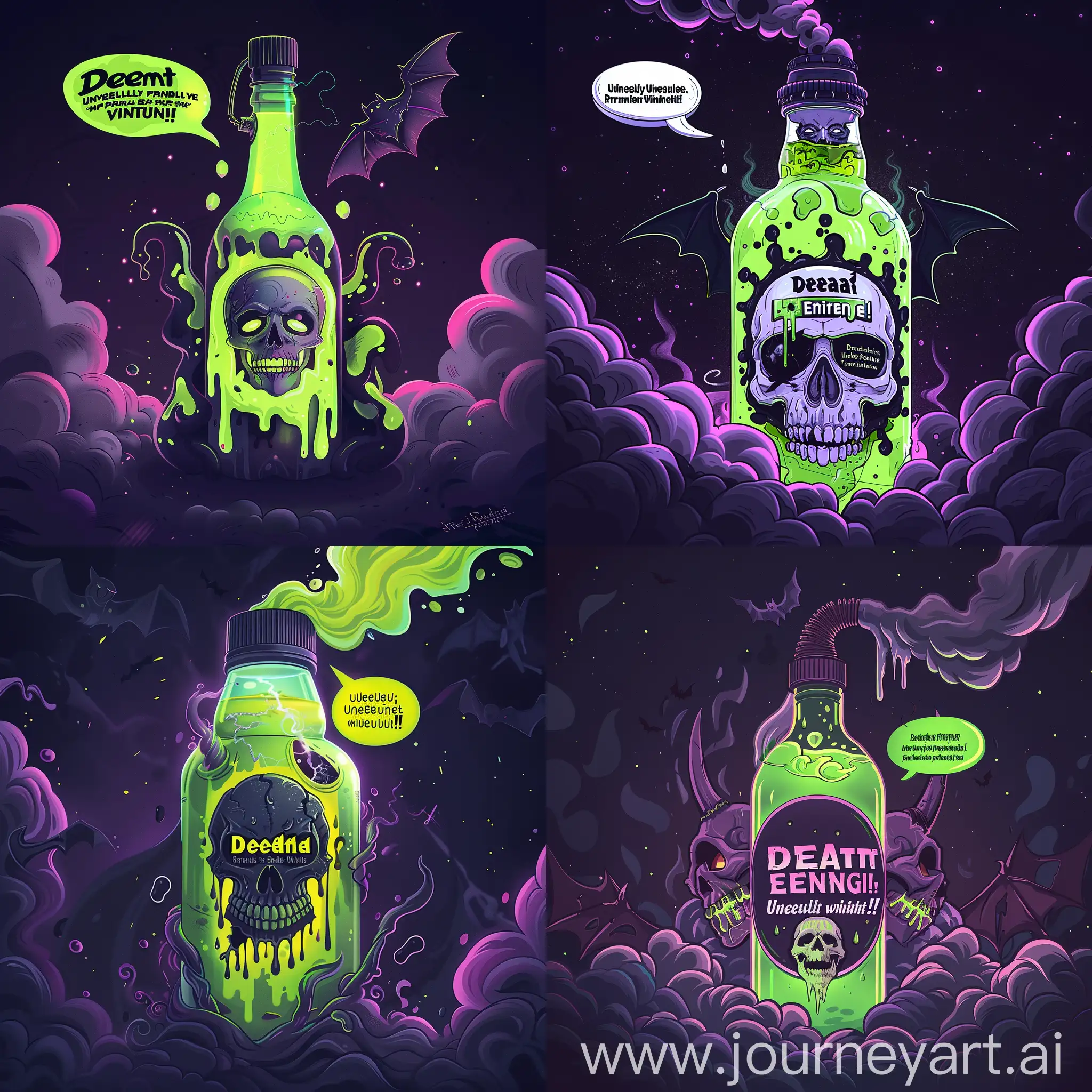 A captivating surreal illustration featuring a whimsical portrayal of Death as an energy drink. The bottle showcases a macabre reaper's skull as its label, adorned with a dripping, ghostly eye and a sinister grin. The neon green liquid inside emits an eerie glow, signifying the energy within. The bubble text reads: "Death Energy - Unleash the Grim Reaper Within!" The bottle's cap features a pair of bat wings, and the cloud of ominous black and purple smoke surrounding it adds to the darkly comedic atmosphere. The overall design combines dark humor with a Gothic aesthetic, creating a playful and intriguing visual experience., illustration