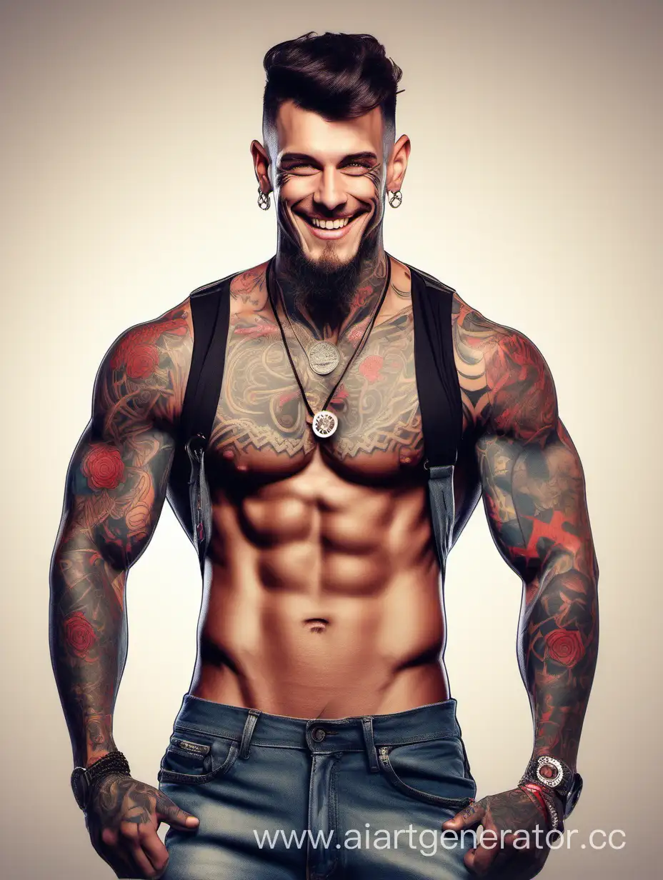 Smiling-Brunette-Man-with-Piercings-and-Tattoos-Muscular-and-Winking