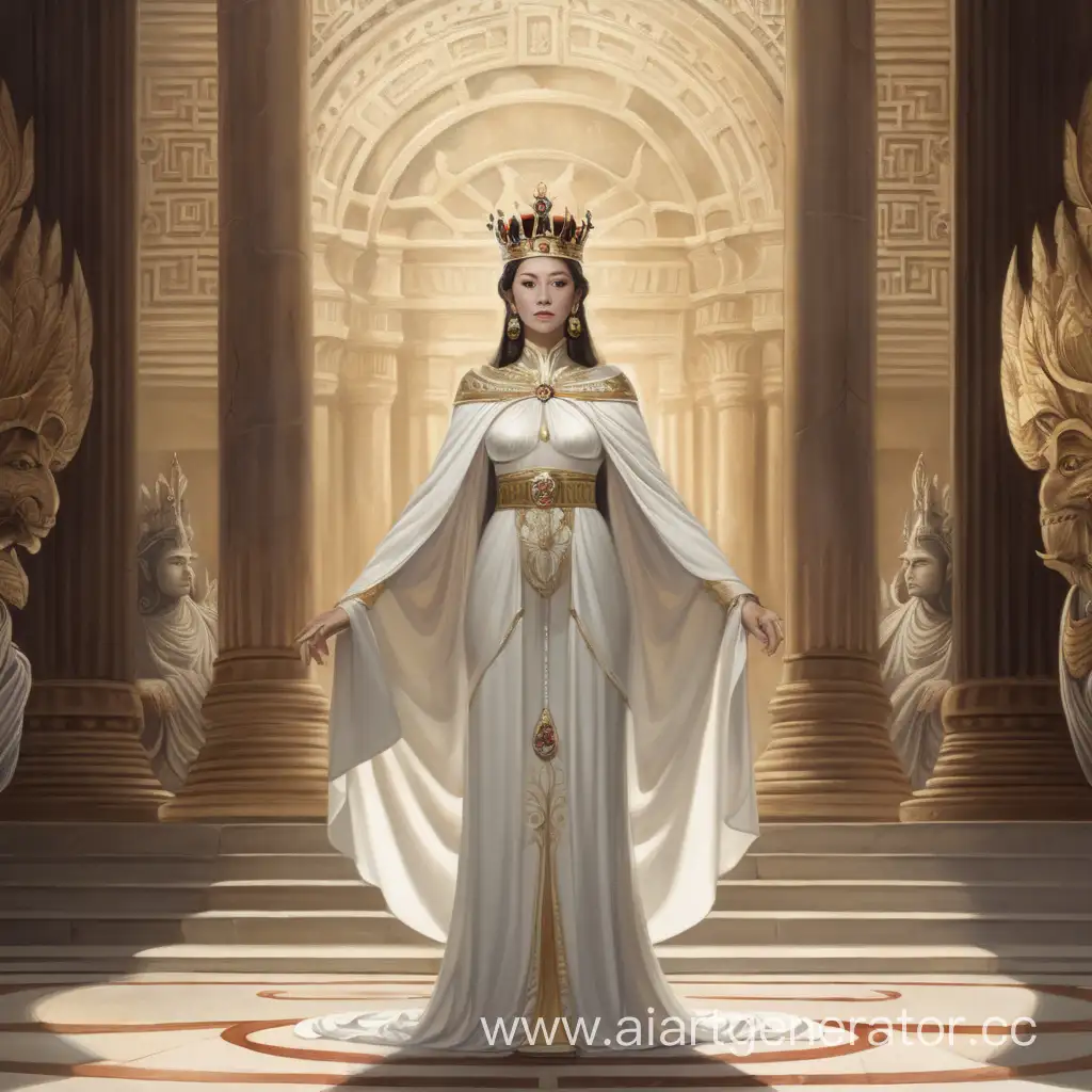 Императрица, женщина, в белом платье и с короной, стоит посреди храма.