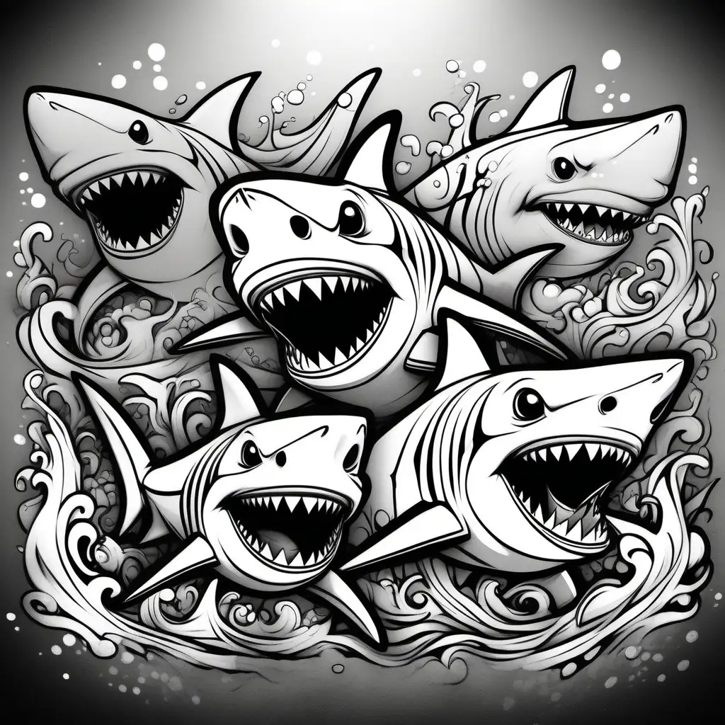 sharks dressed as young teenagers writing graffiti, no shading, no color, dark lines, no shading, coloring pages