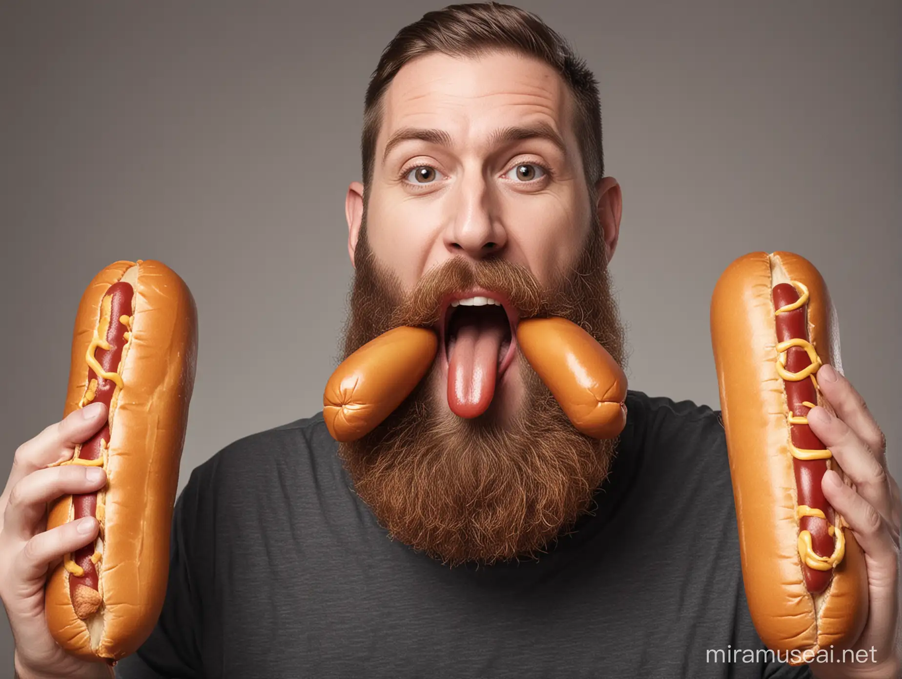 bearded man with 2 large hotdogs in his mouth