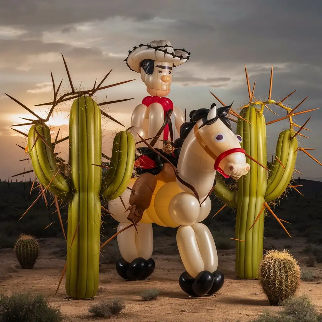 Balloon Cowboy Walking Among Cacti in Desert Landscape