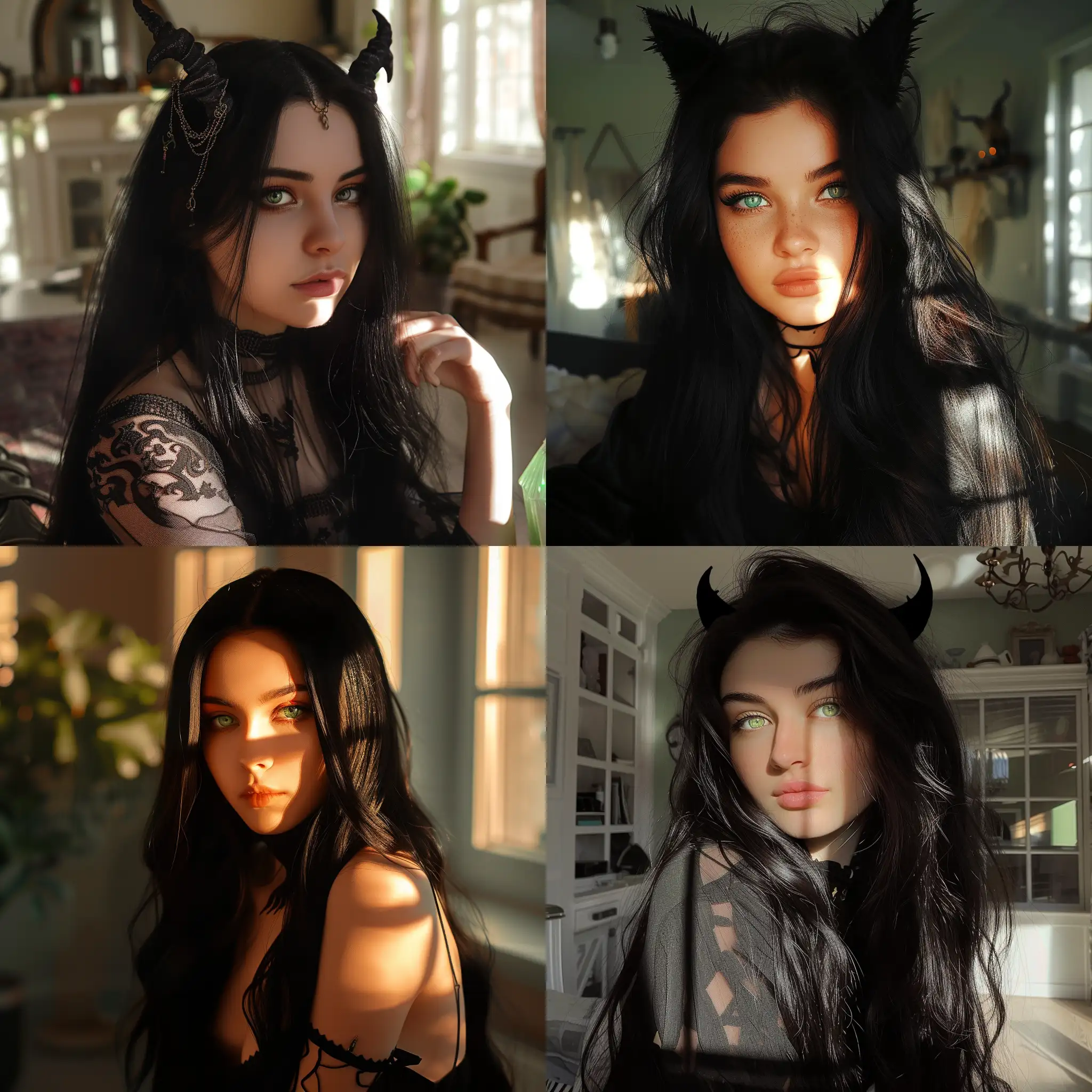 girl with long black hair in a sunlit room with green eyes dressed like a sexy devil realistic photo aesthetic profile picture