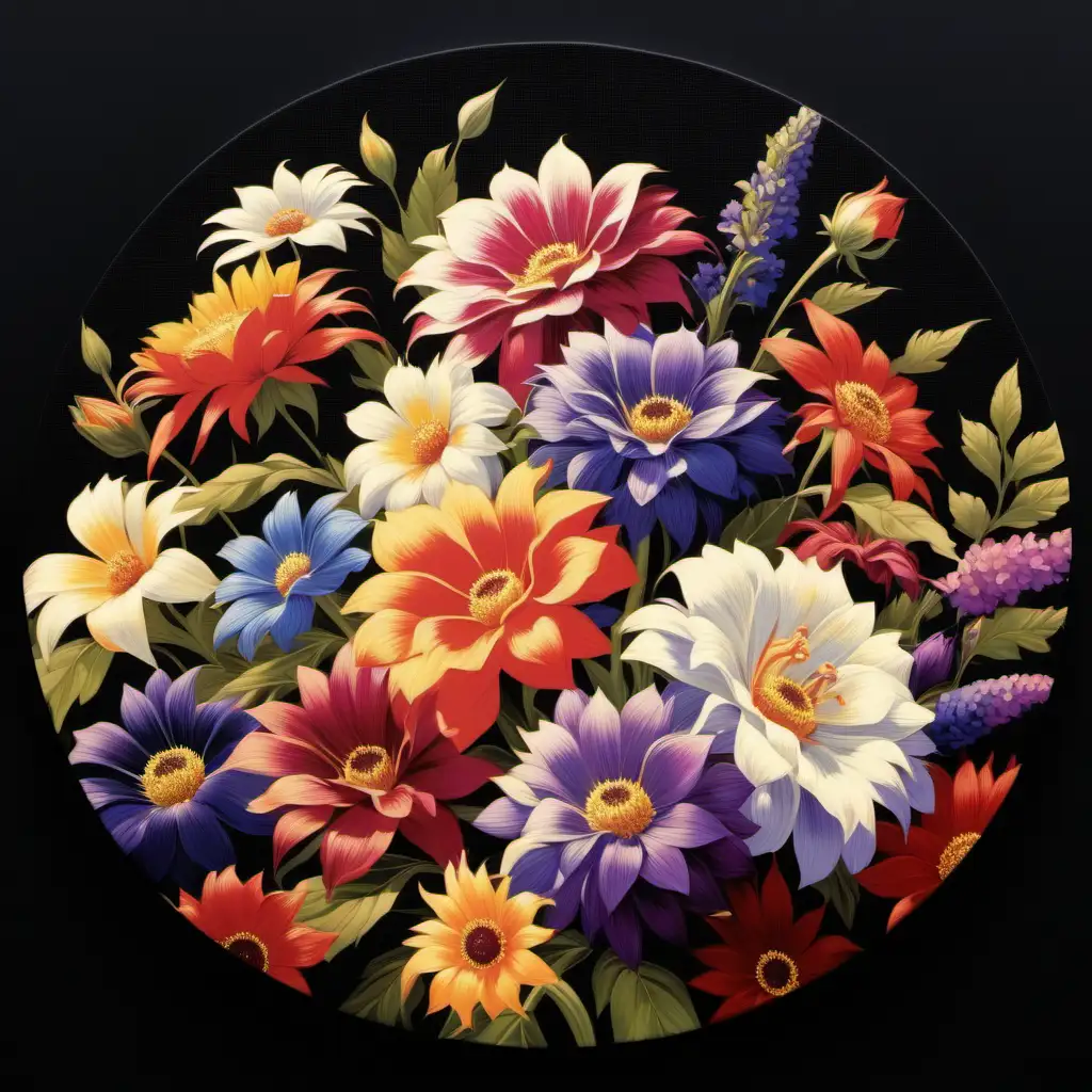 vivid and bright multi-florals, black background, round canvas, thomas kincaid