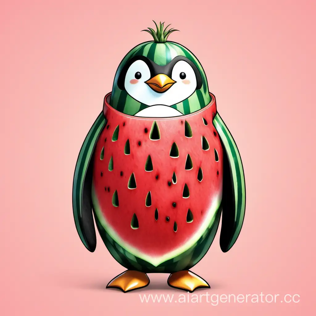 Adorable-Penguin-Wearing-Watermelon-Armor-Fun-and-Quirky-Wildlife-Art