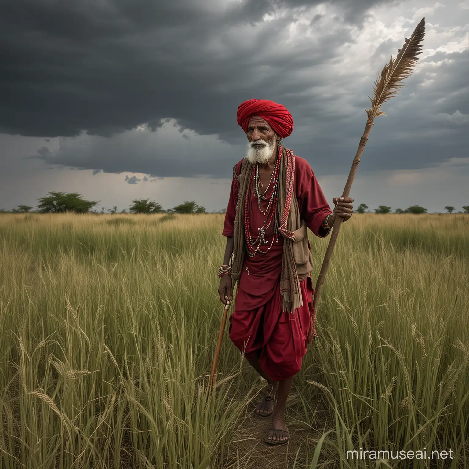 local thin rabari rajasthan eighty years old red turban  is walking trough  high grass  field whit stick in his hands by cloudy sky with a eagle in the sky fotorealistisch fuji xt3sky