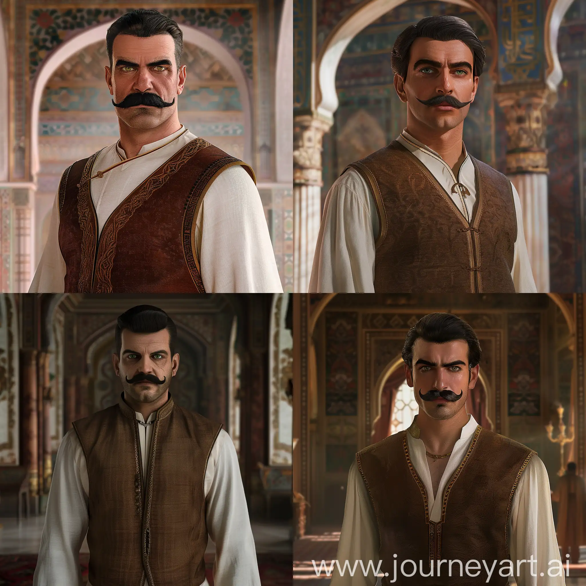 Turko-Iranid ruler Shah Ismail standing tall in palace, depicted in brown vest over white tunic, he has strong black handlebar mustache, dark green eyes, strong eyebrows, cinematic lighting, realistic image ar 9:16