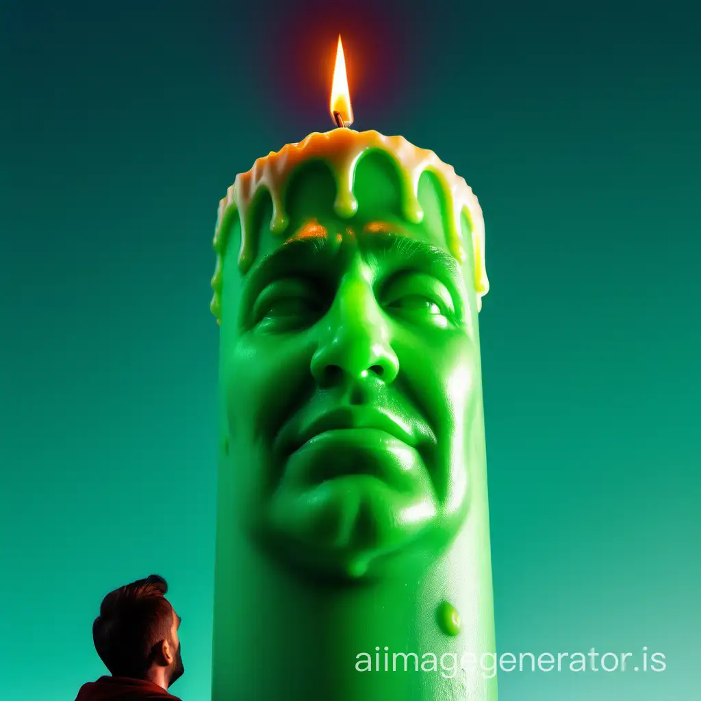 a massive huge green candle in the sky.

watched by a man. the face of the man melts like cheese.