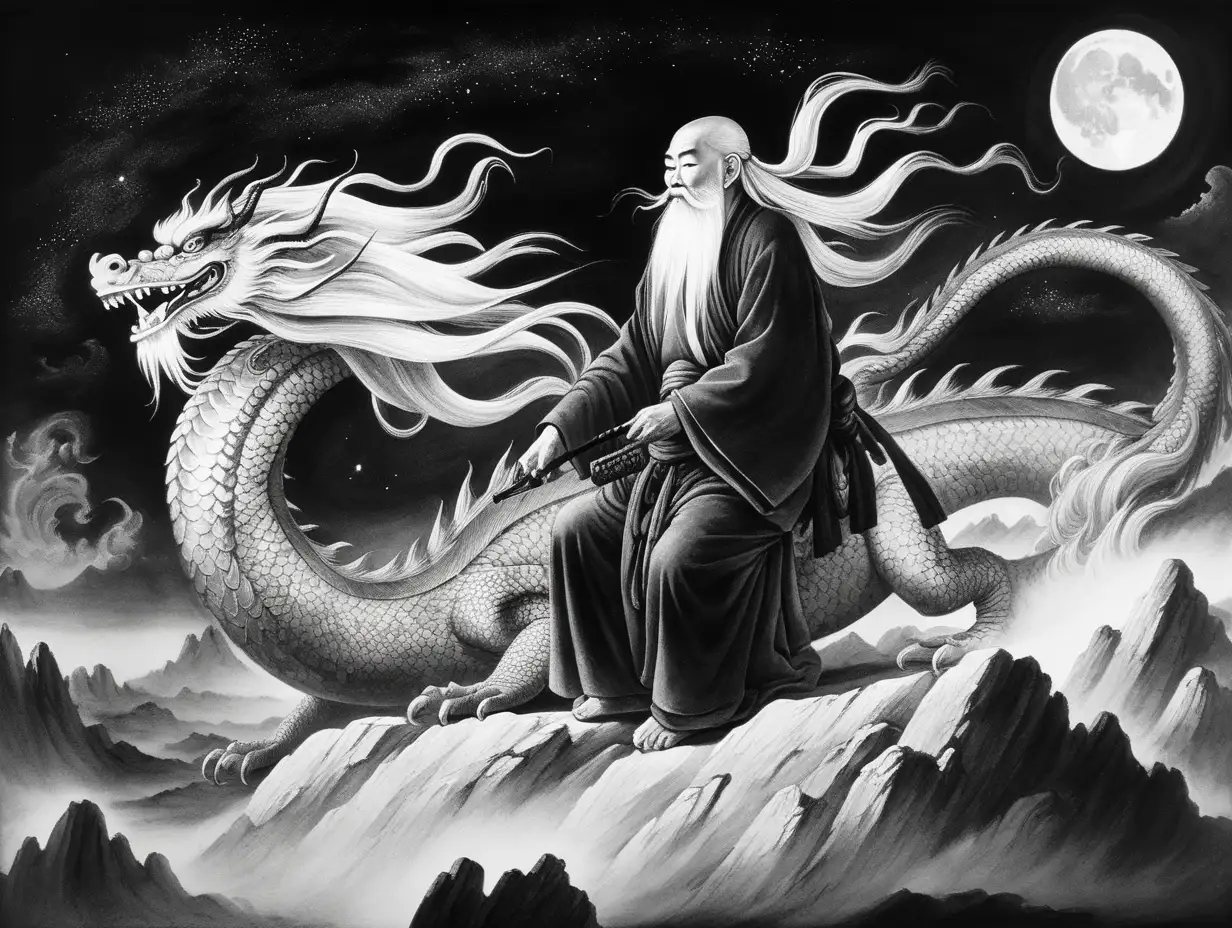 eastern ink painting in black and white a lone old monk with long white hair and beard riding dragon in distant night sky