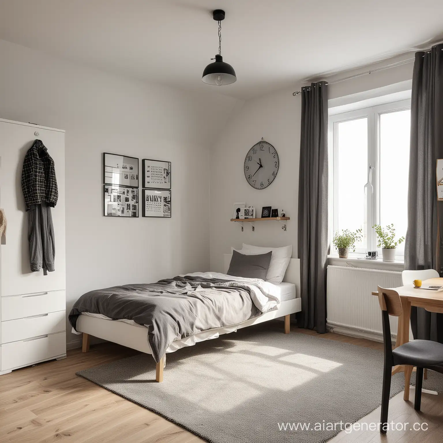 It's a big bedroom for one boy, scandinvian style, There is a single bed, There is a carpet on the floor, There is a clock on the wall,There are pictures on the wall on the left, There is a big mirror in the background