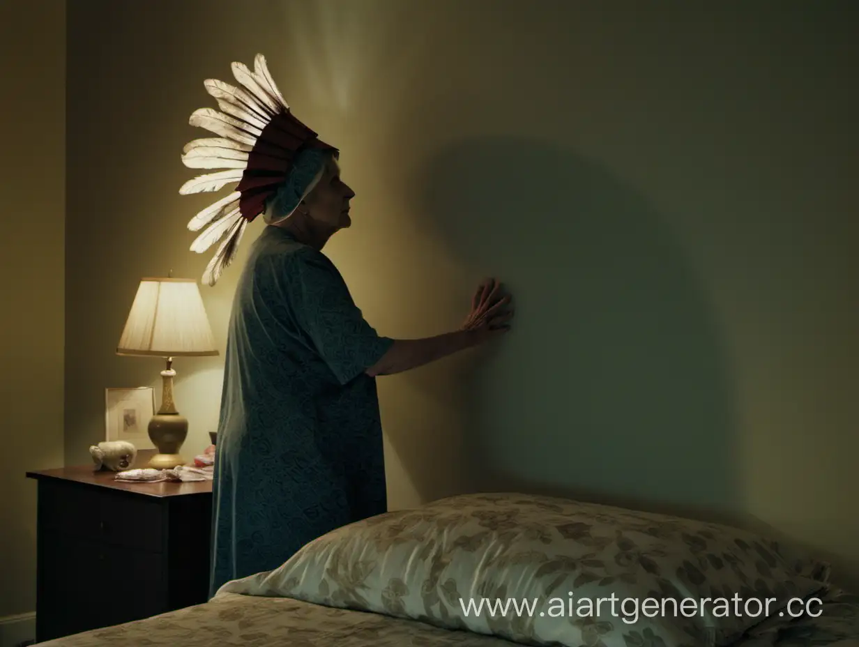 at night in the bedroom, a 60-year-old woman stands by the bed, wearing a headdress, facing the wall