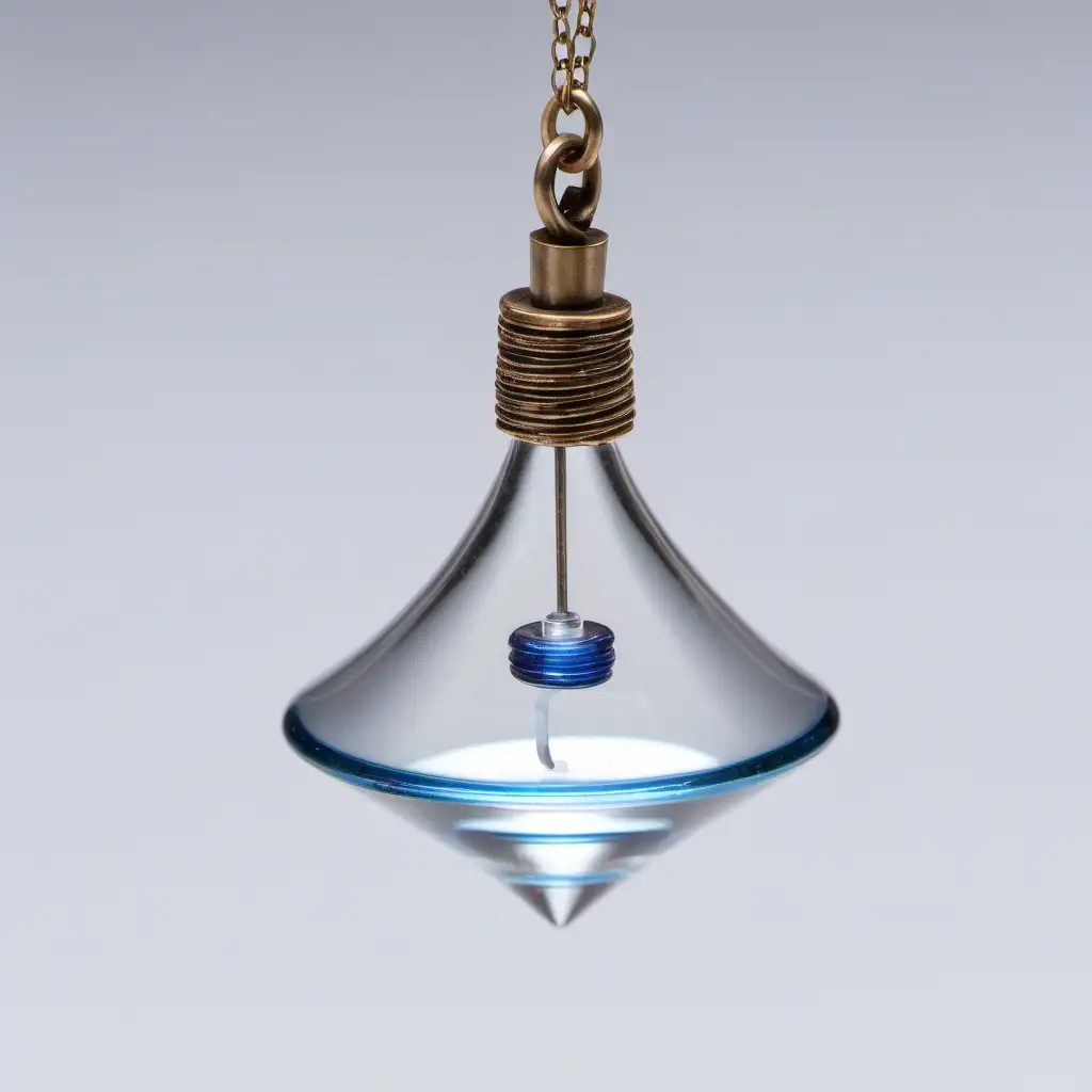 picture of a glass spinning top with another glass tube circumscribing it on the outside of it; pointed end, pendant, necklace