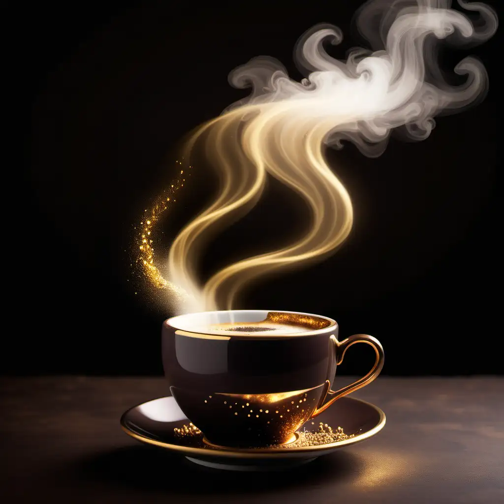 A cup of coffee with gold magical steam and bright gold lights bursting from the cup. Color Scheme use dark, earthy colors and gold highlights.