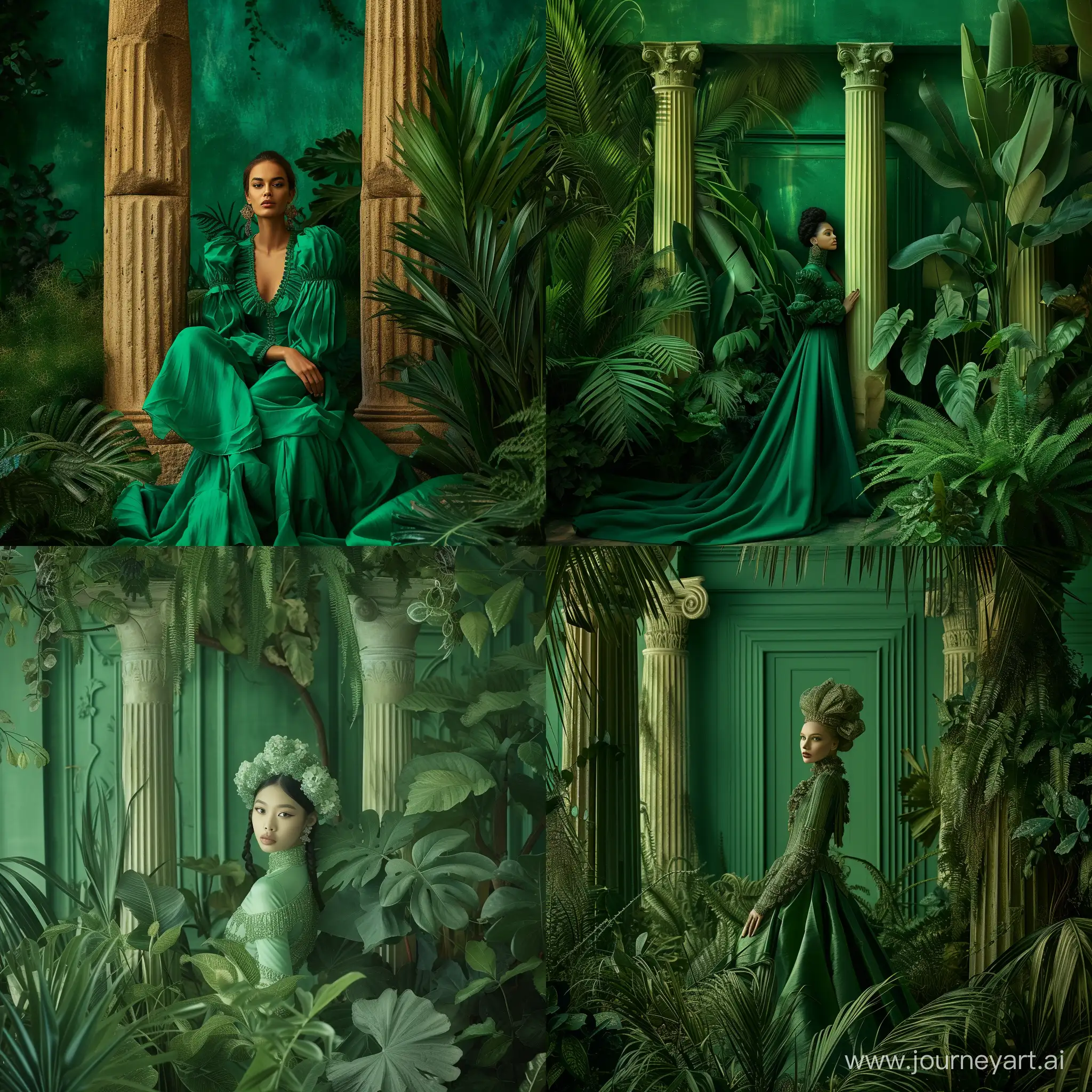 Enchanting High Fashion woman Among Exotic Plants and Ancient Columns with the color green dominating the picture