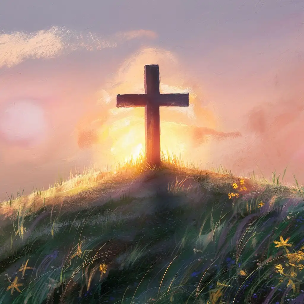 the cross on the hill with sunsetting behind it, dreamy