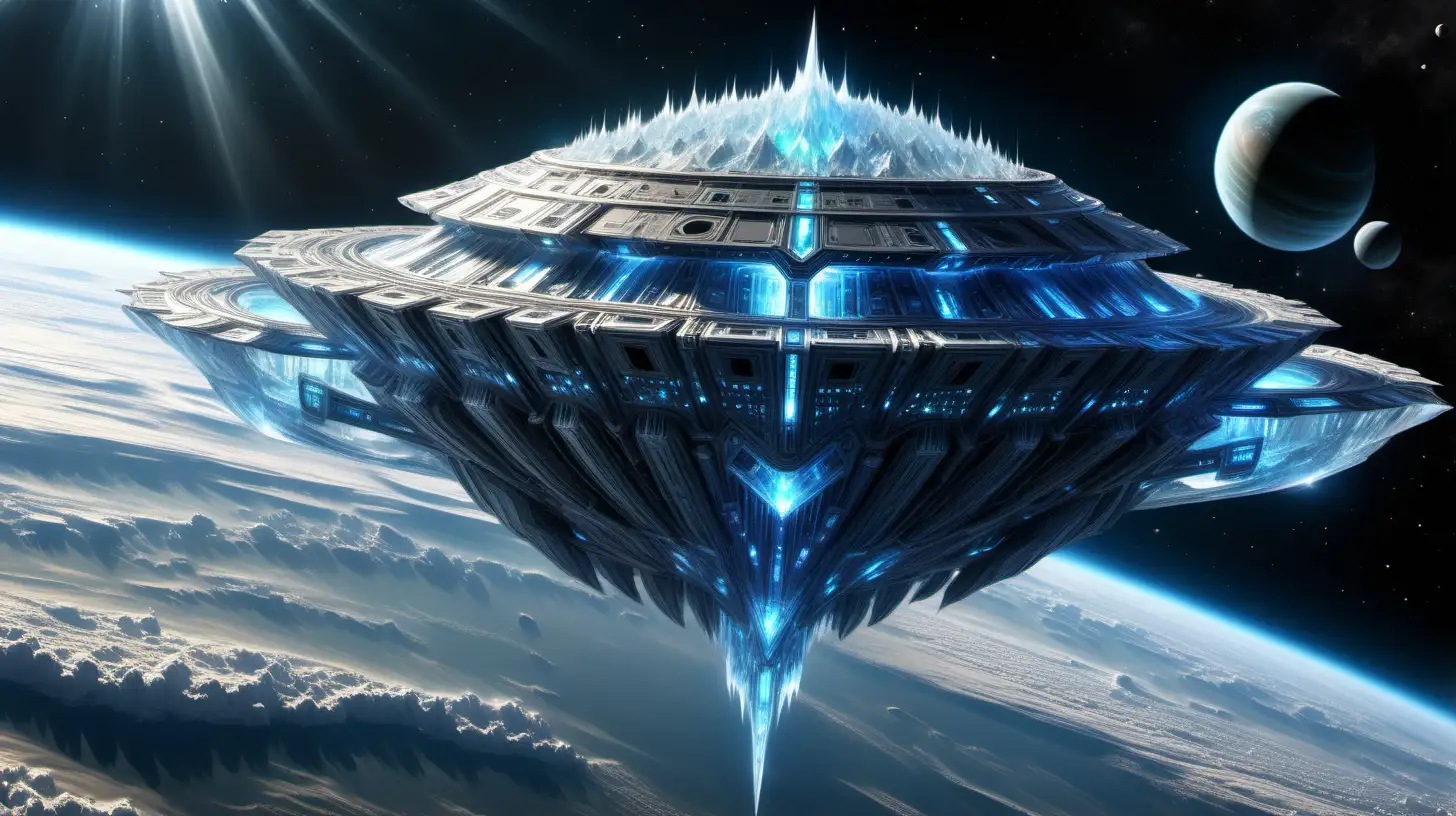 A colossal, crystalline alien craft resembling a floating fortress, with shimmering energy shields enveloping its exterior as it enters Earth's orbit.