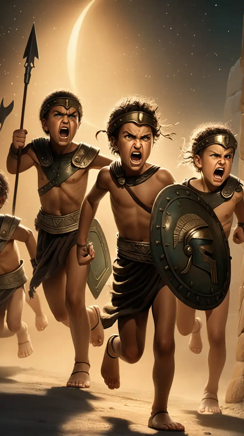 Angry Ancient Spartan Children Running in the Dark