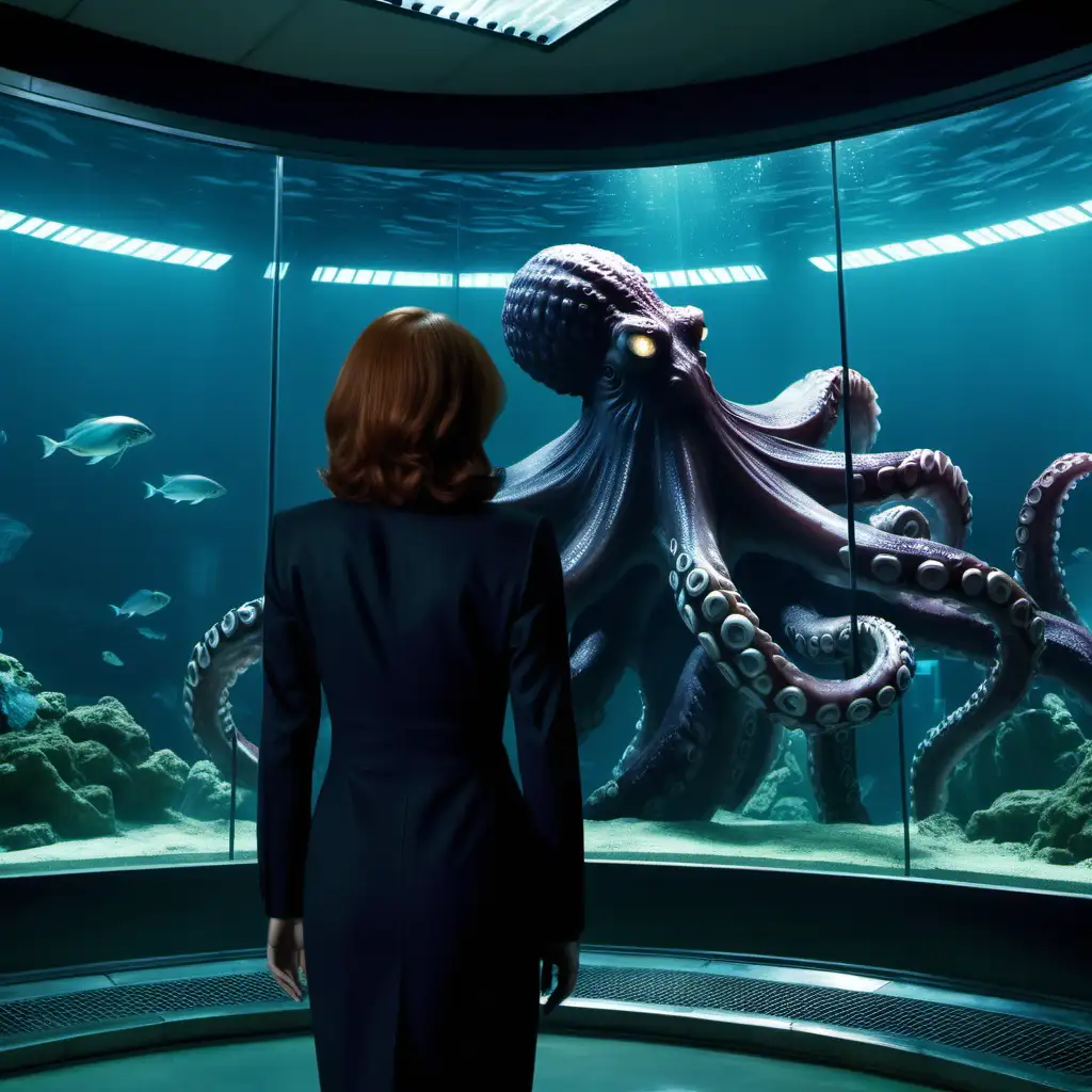 View from the rear as agent Dana Scully starts taking her clothes off in front of a huge aquarium containing a giant octopus in a dark laboratory