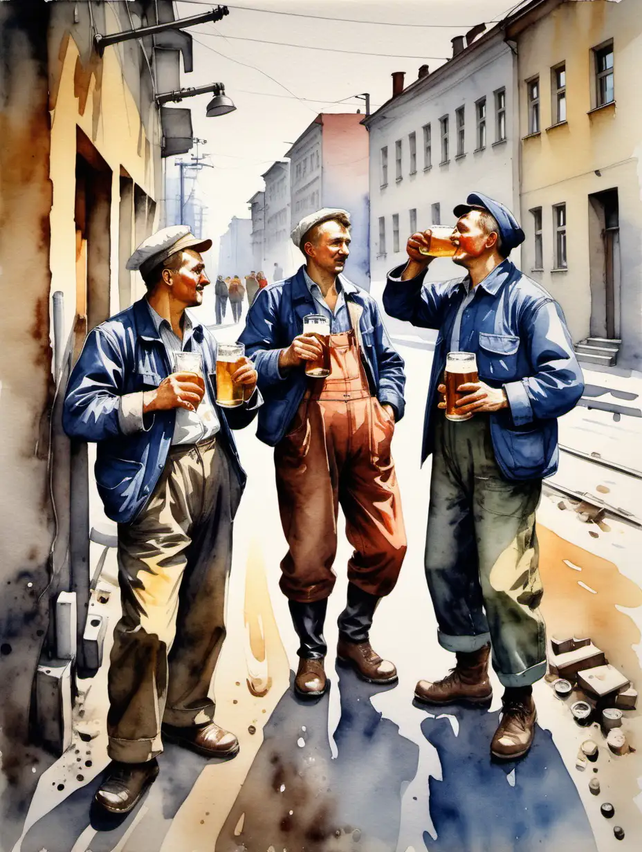 Workers Enjoying Beer in USSR Street Scene Watercolor