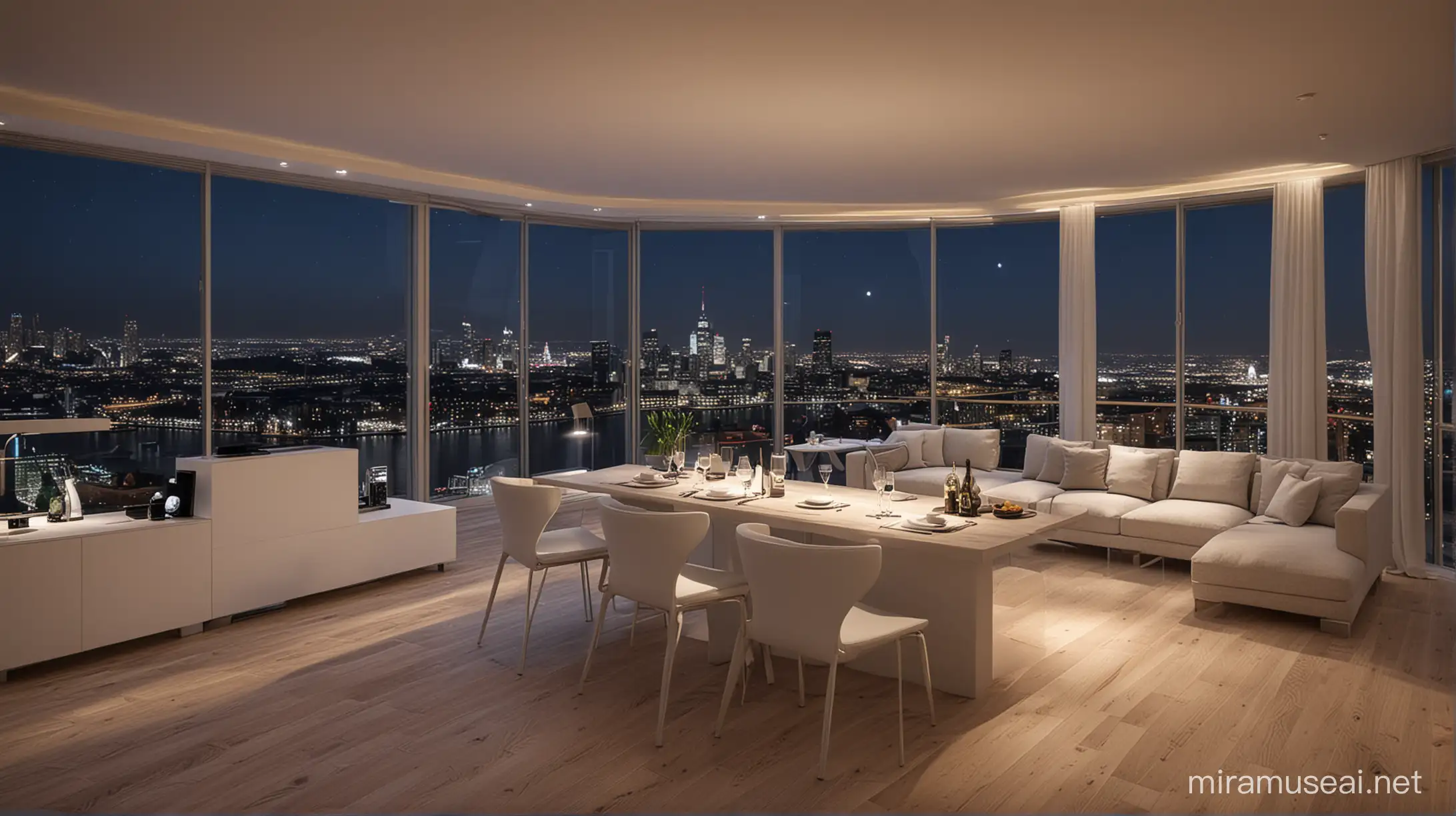 Luxurious Penthouse Apartment with City Skyline View at Night