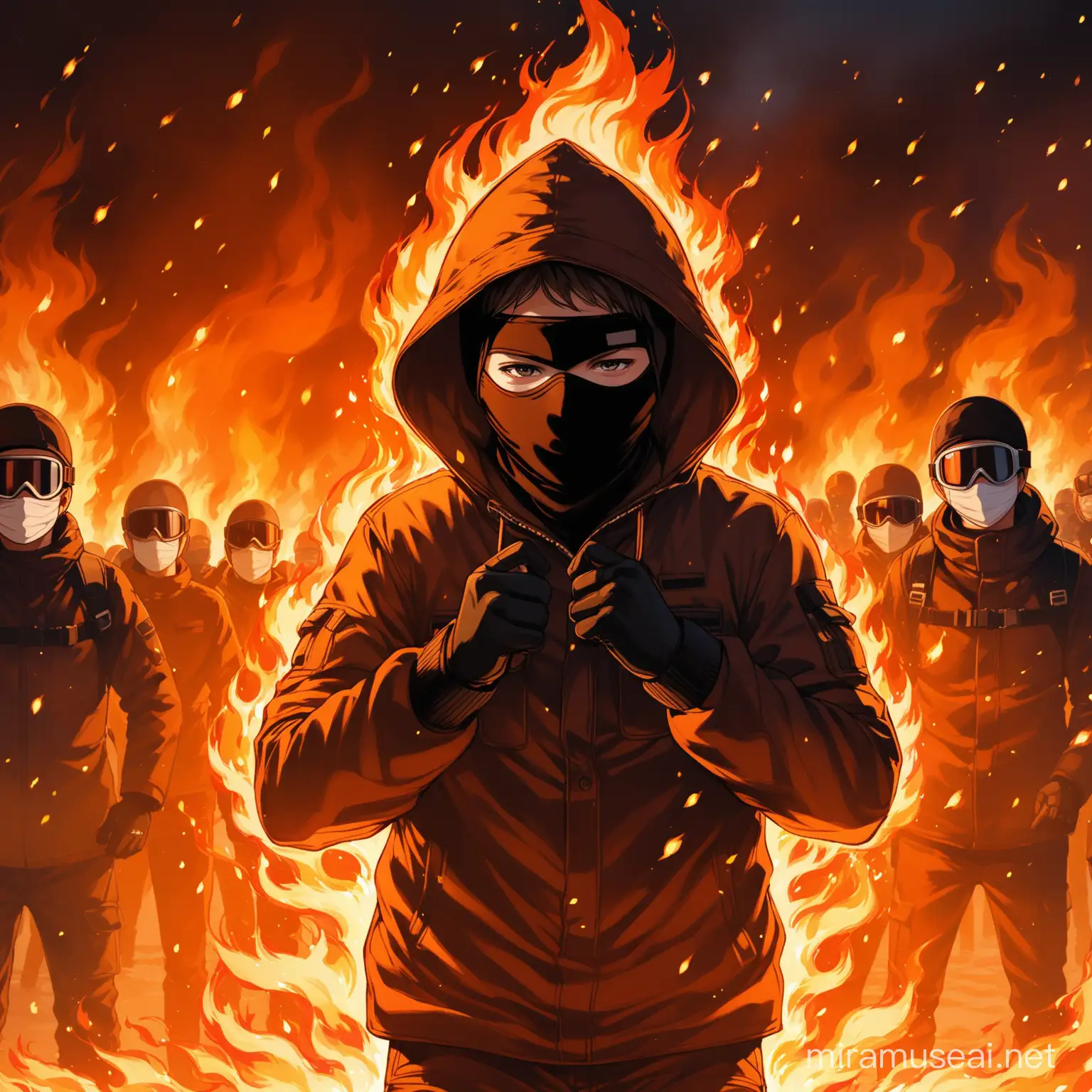 boy in ski mask surrounded by fire